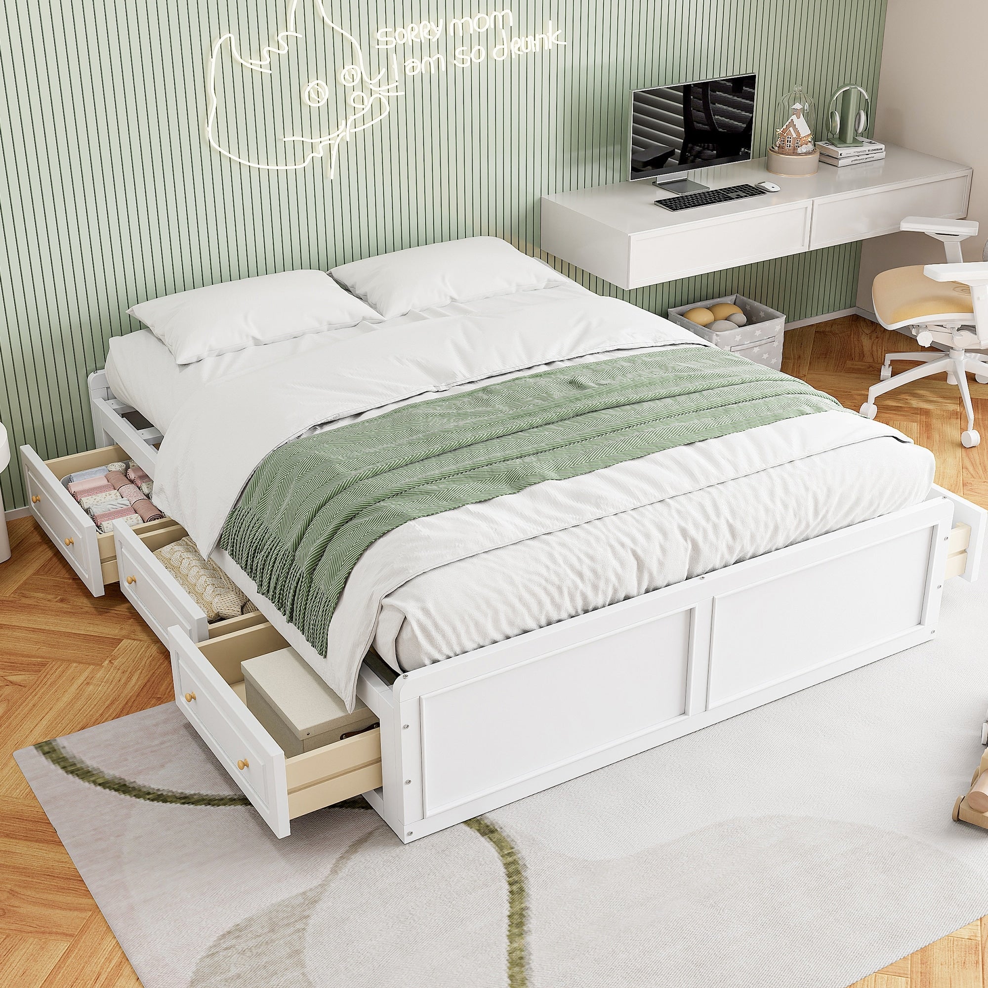 Queen Wood Platform Bed Frame With 6 Drawers Storage No Box Spring