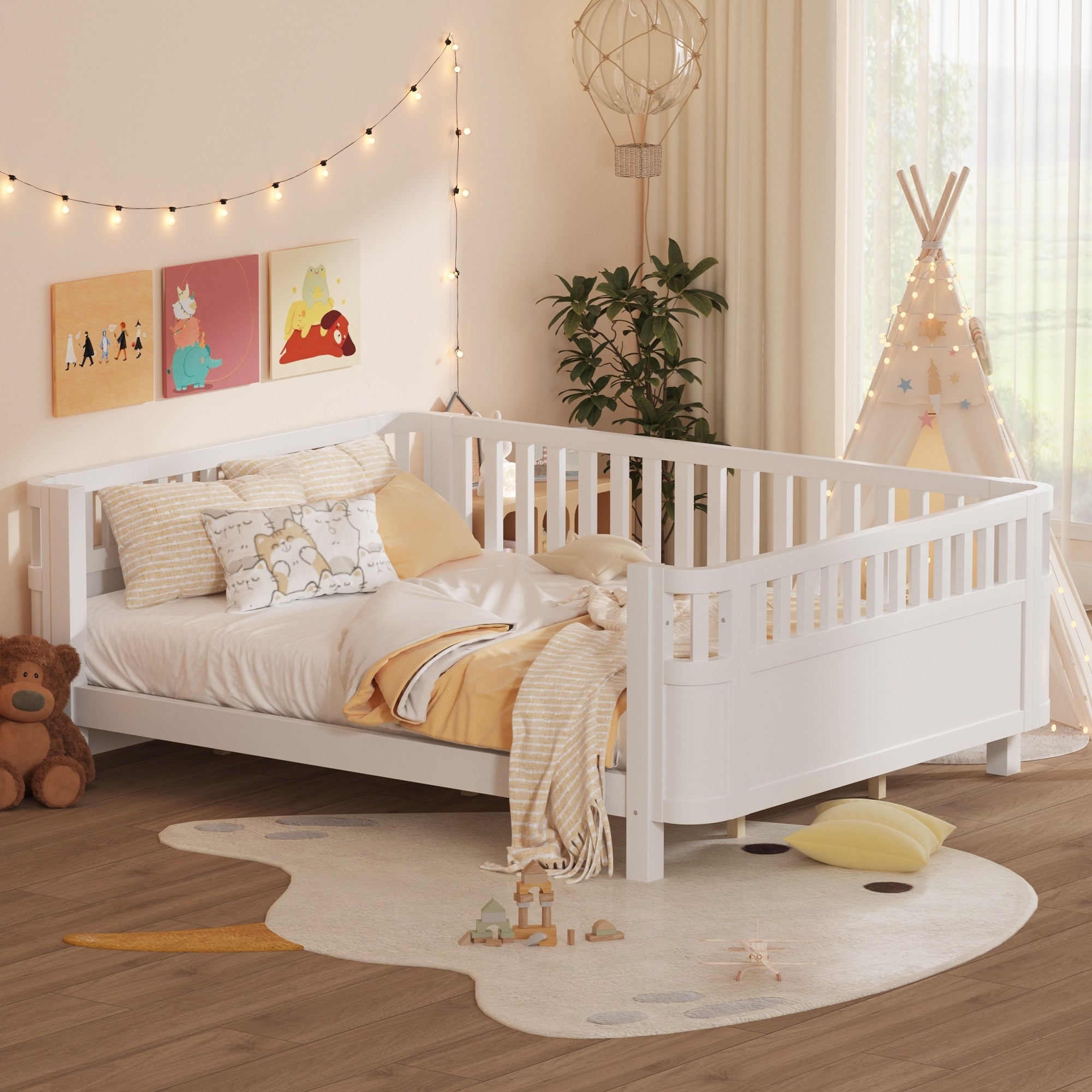 Queen Wood Platform Bed With Safety Rails Low Profile For Kids
