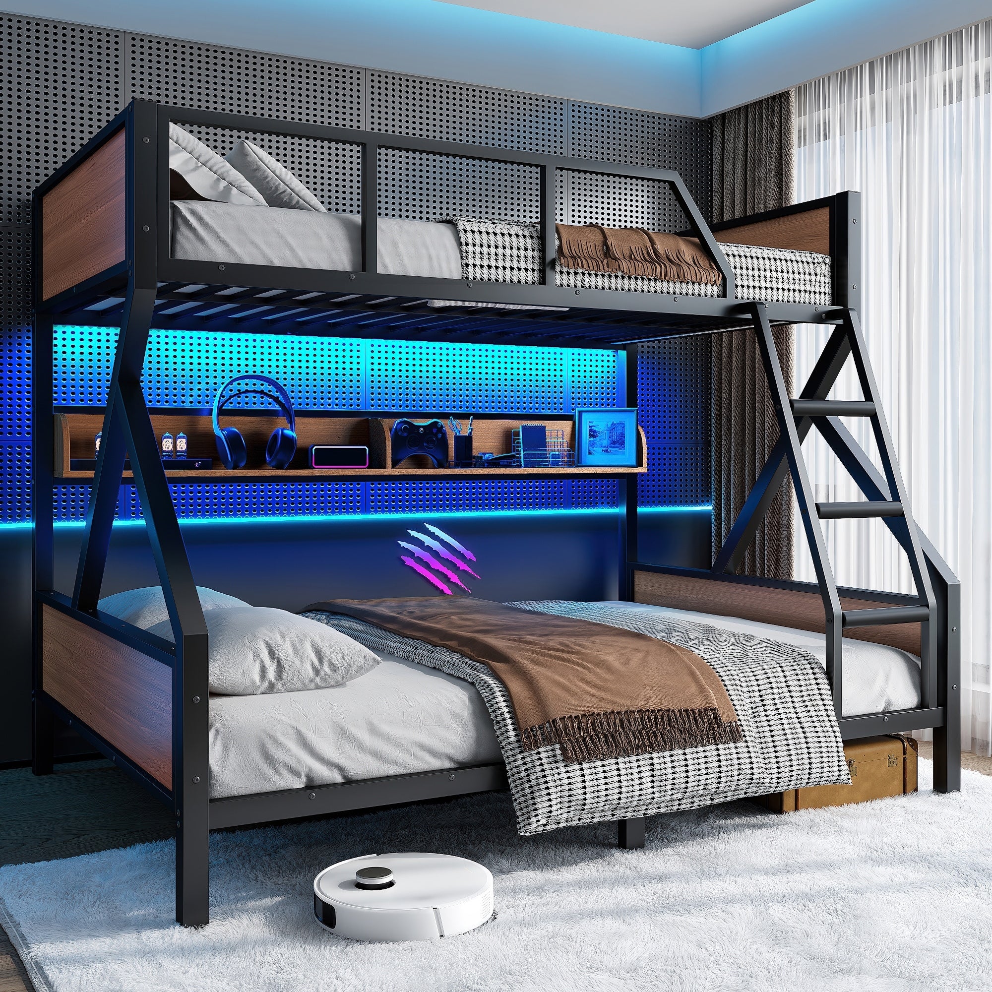 Queen Over King Queen Over Full Metal Bunk Bed With Storage Shelves Lights