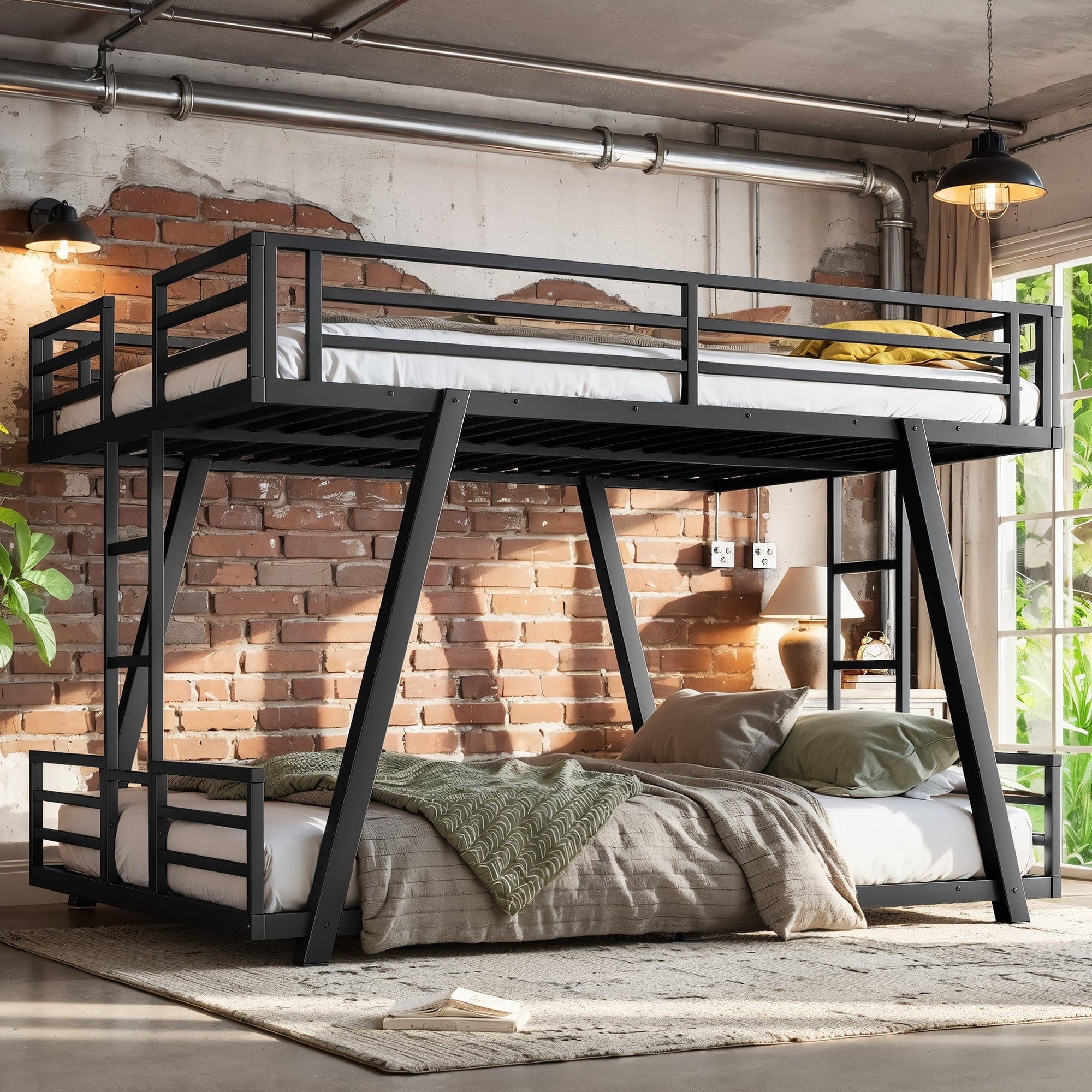 Queen Over Queen Bunk Bed With 2 Side Ladders Metal Bunk Bed With Spdcial Support Leg Design Low Profile Bunk Bed Black