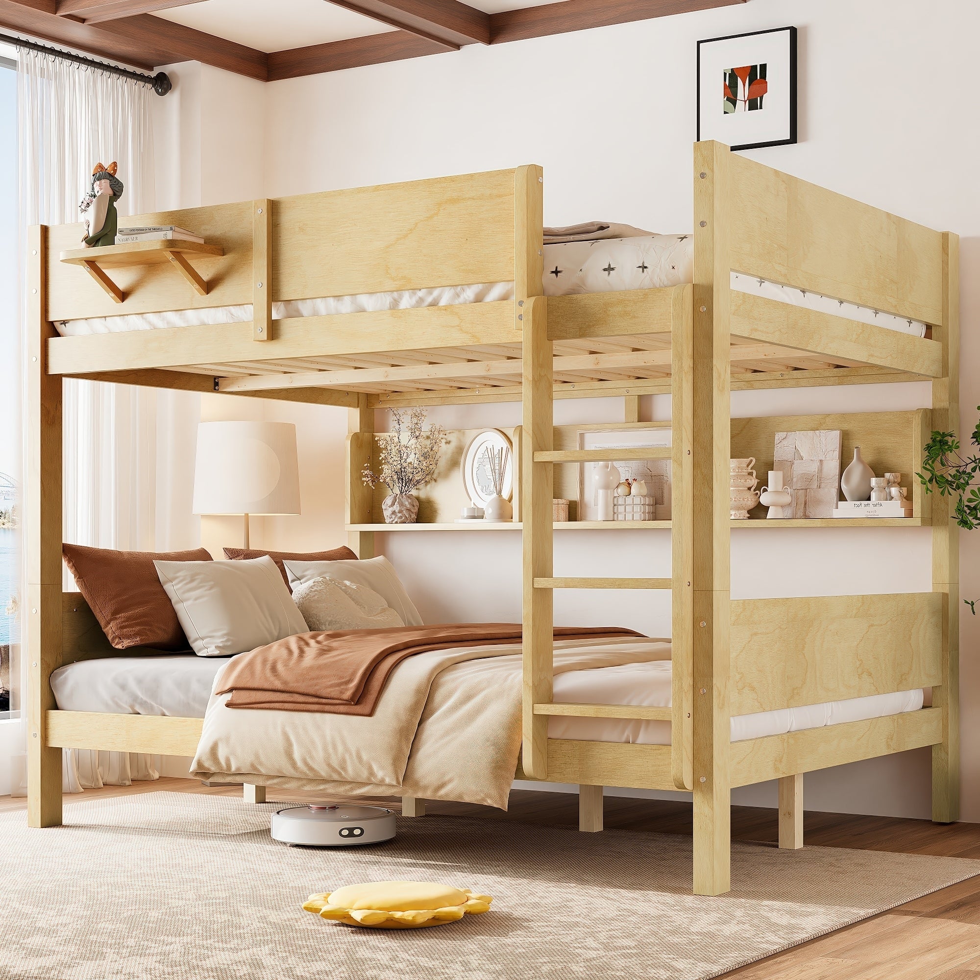 Queen Over Queen Bunk Bed With Convenient Tray Solid Wood Bunk Bed With Storage Shelves And Upgraded Slats