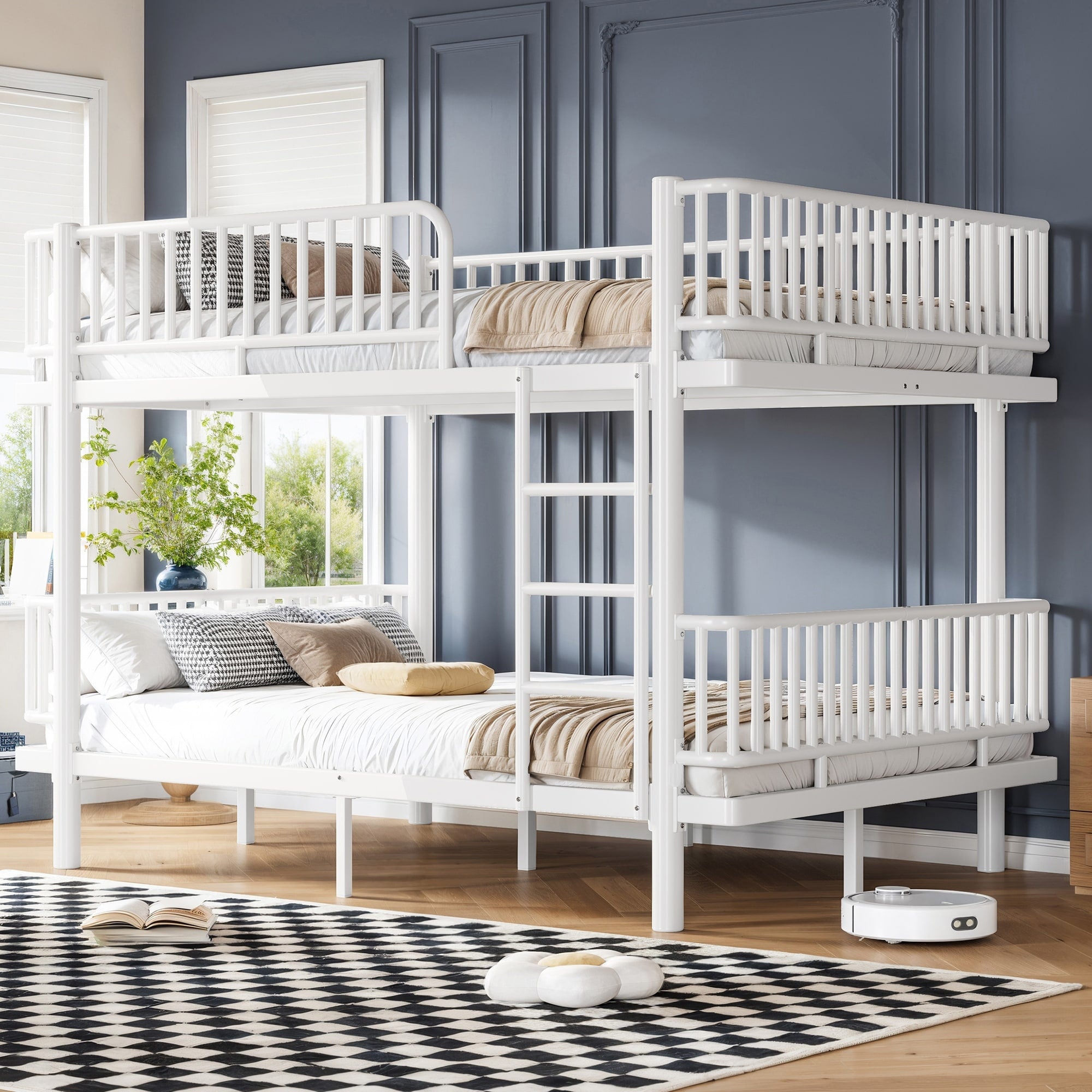 Queen Over Queen Bunk Bed With Ladders Guardrails Metal Bunk Bed Frame With Upgraded Safety Round Pipe Design