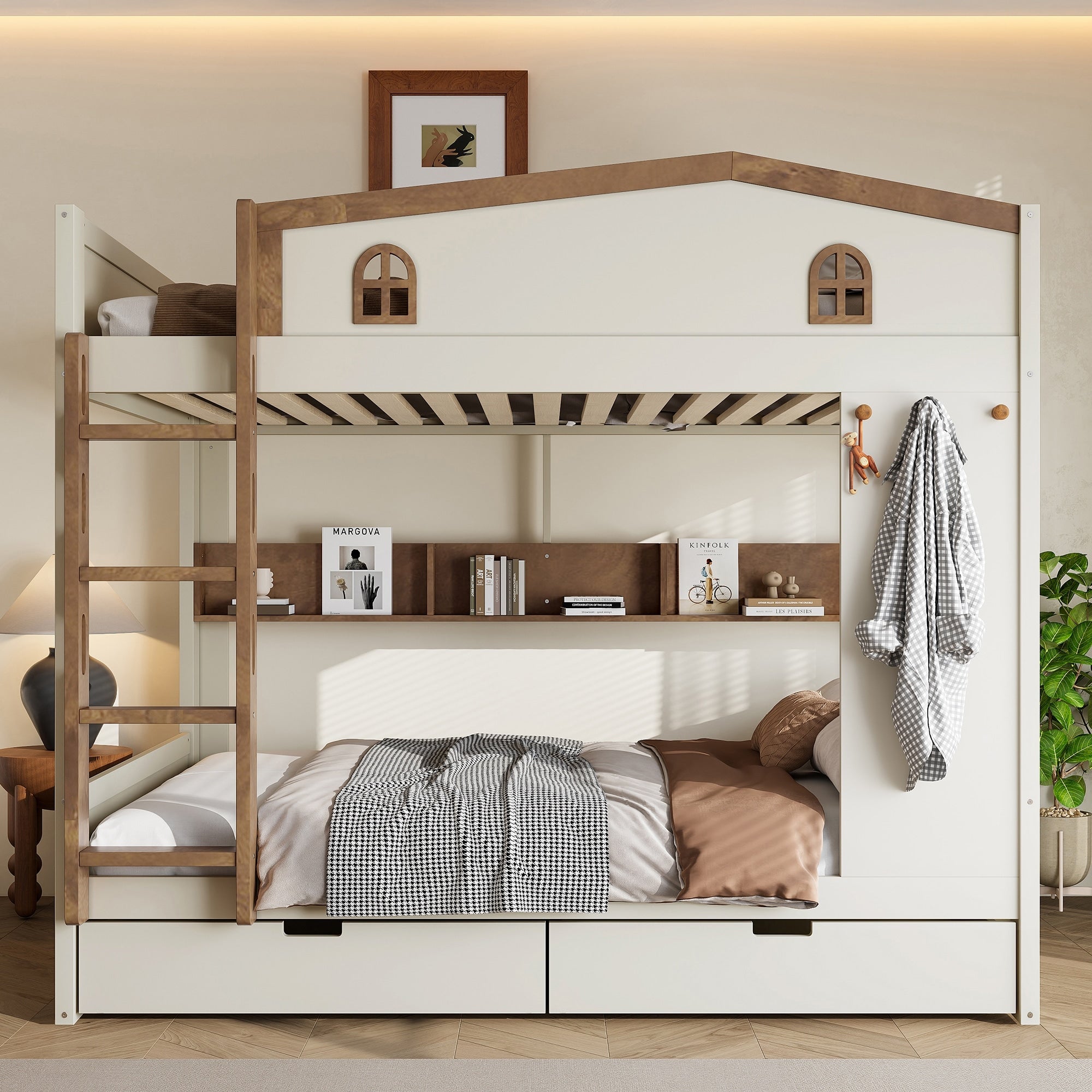 Queen Over Queen Bunk Bed With Storage Drawers Shelves Hooks