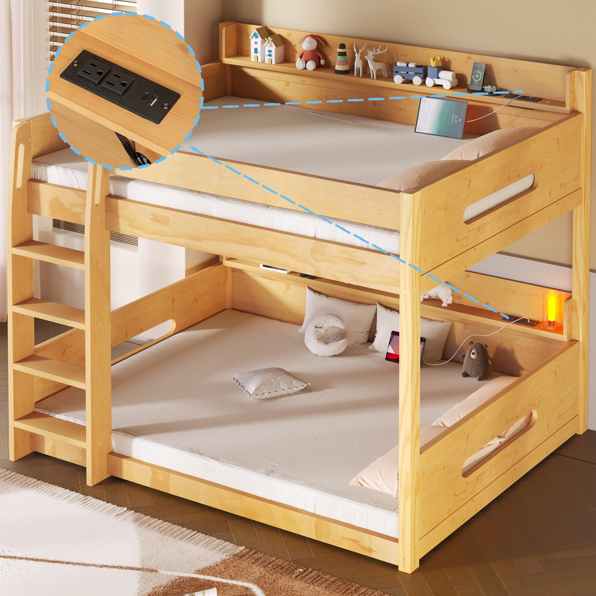 Queen Over Queen Bunk Bed With Storage Shelves Built In Usb Ports Heavy Duty Metal Frame