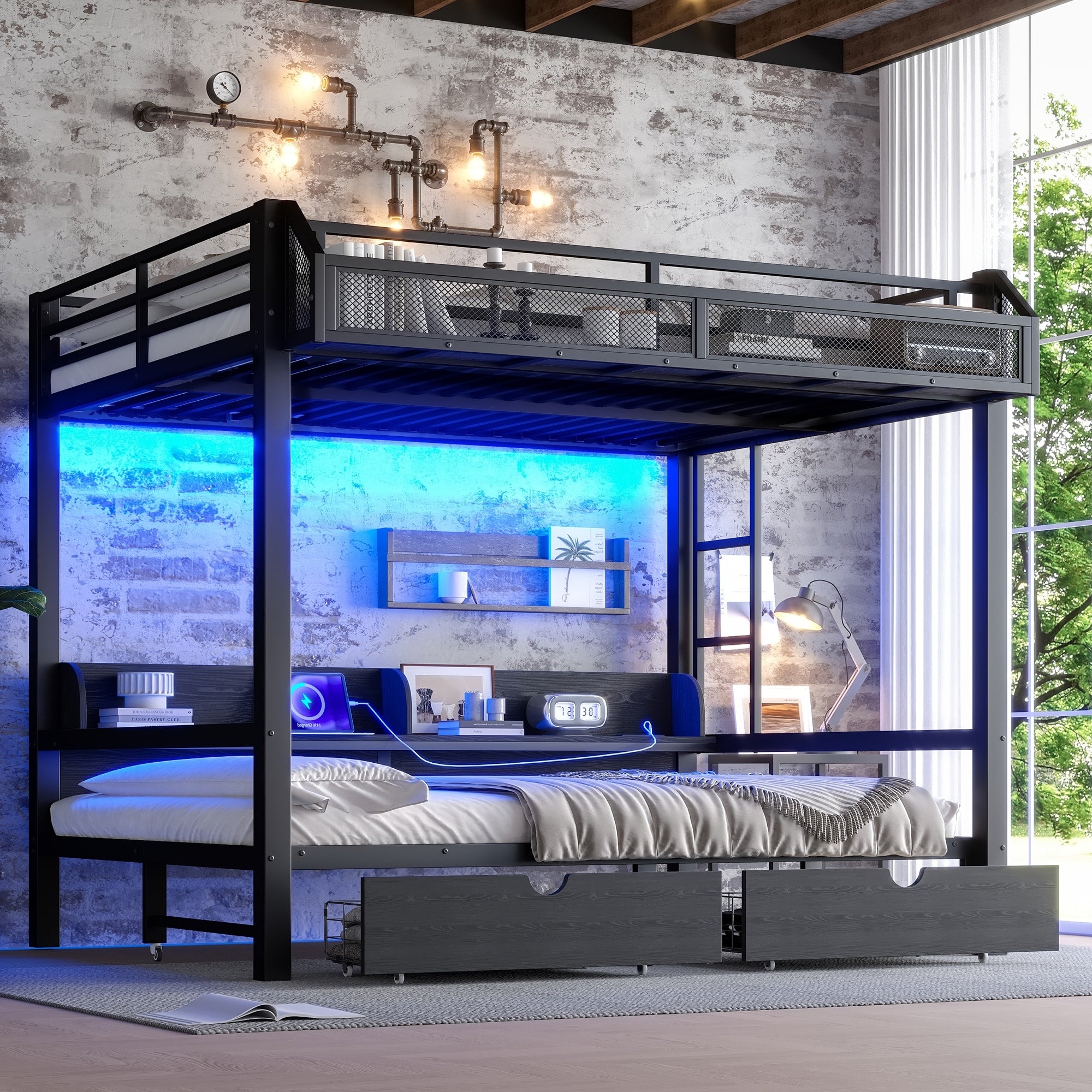 Queen Over Queen Bunk Bed With Storage Shelves Drawers Usb Ports Led Lights Convertible Sofa Lower Bed