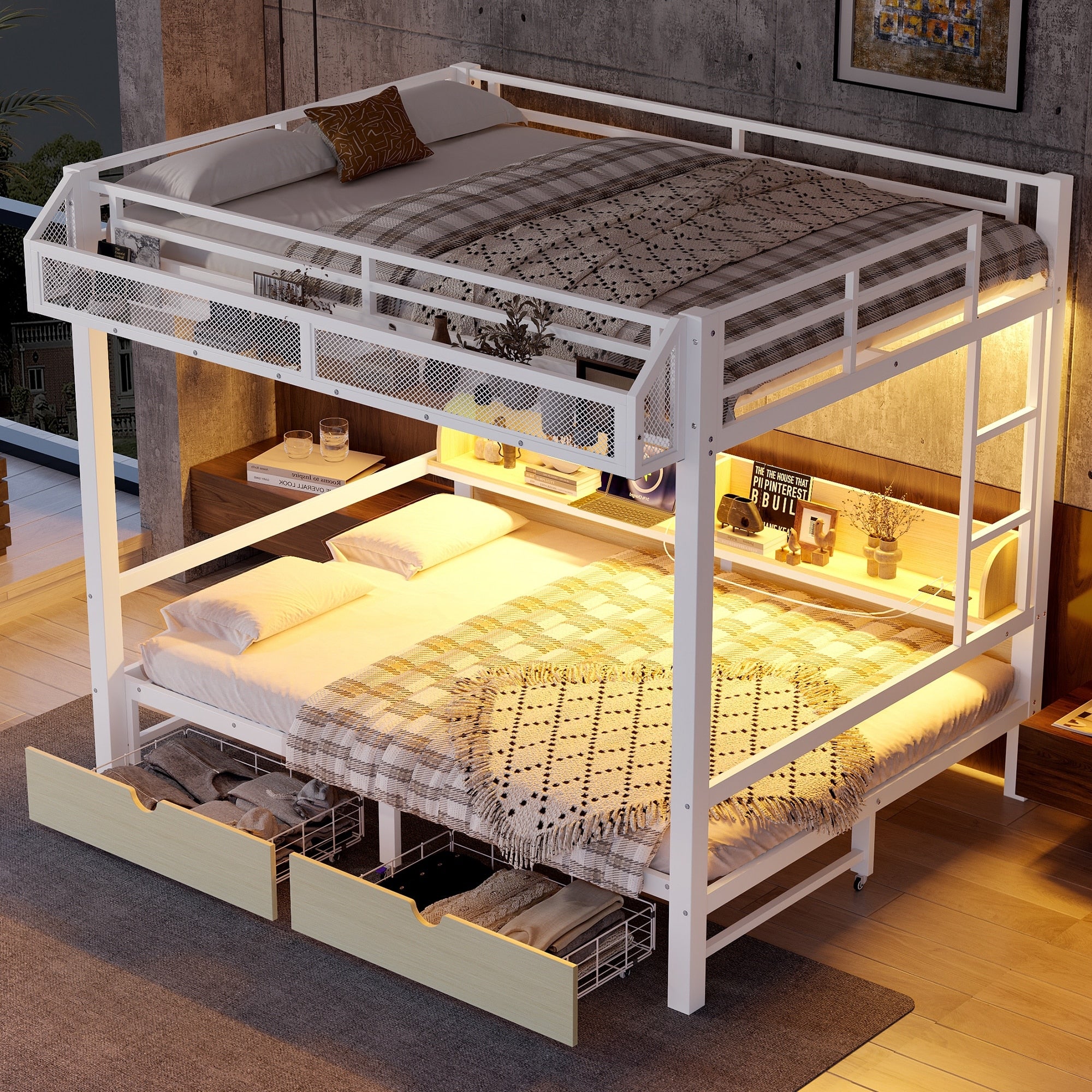 Queen Over Queen Bunk Bed With Storage Shelves And Drawers Multifunctional Metal Bunk Beds With Usb Ports