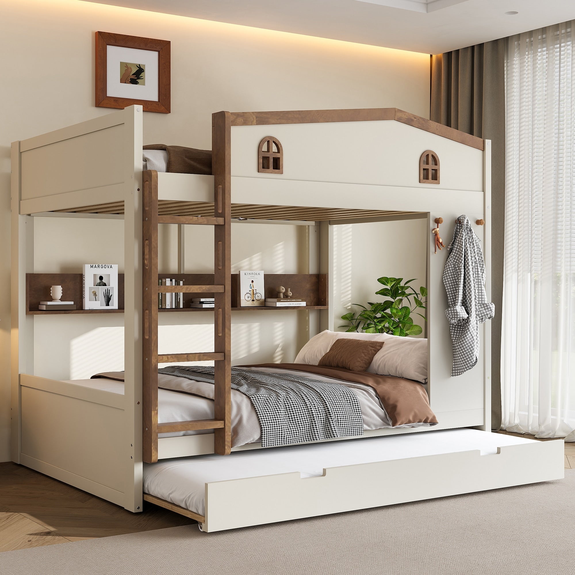 Queen Over Queen Bunk Bed With Trundle Shelves And Hooks