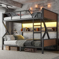 Queen Over Queen Bunk Bed Metal Bunk Bed With Storage Shelves And Lights Space Saving Noise Free Design Black