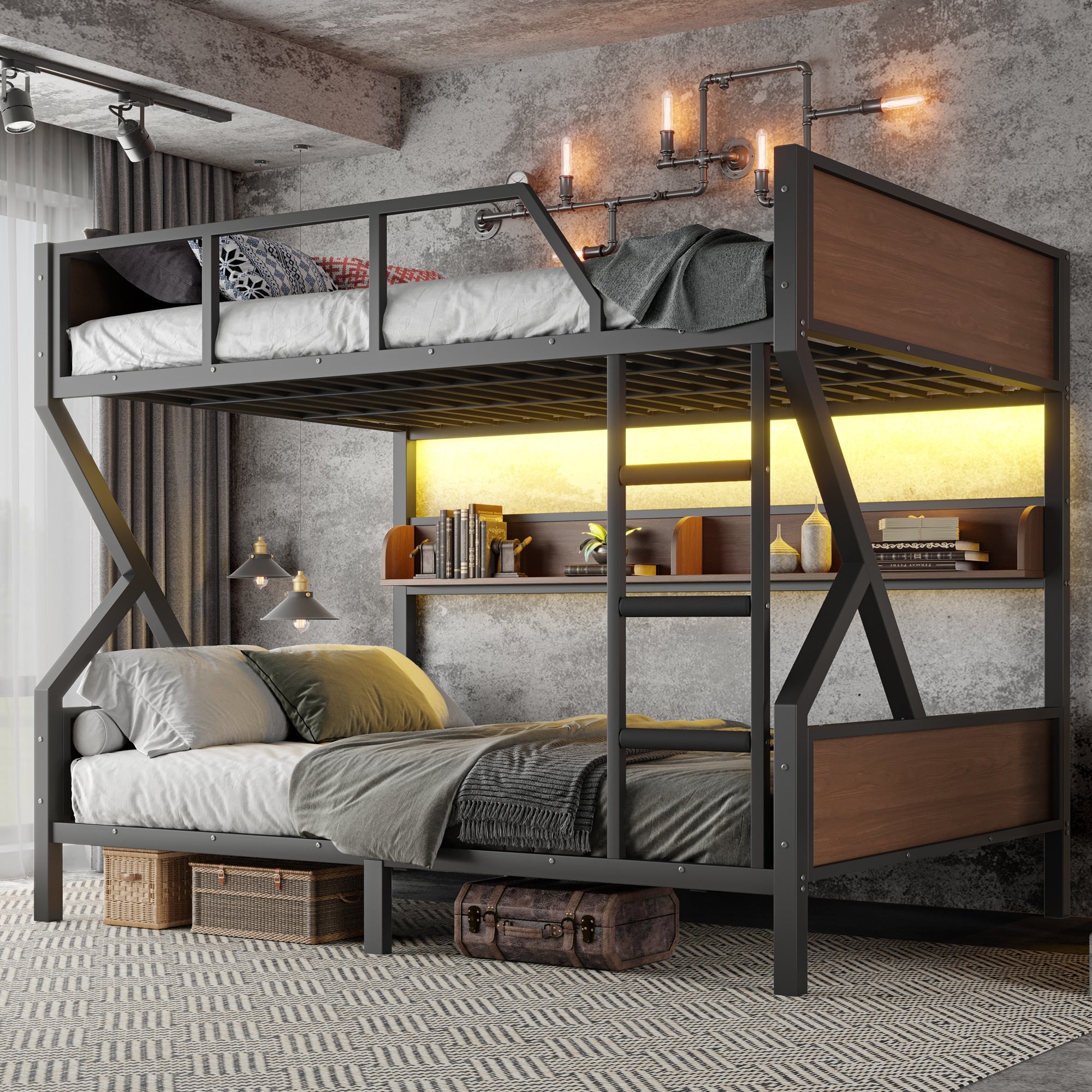 Queen Over Queen Bunk Bed Metal Bunk Bed With Storage Shelves And Lights Space Saving Noise Free Design Black
