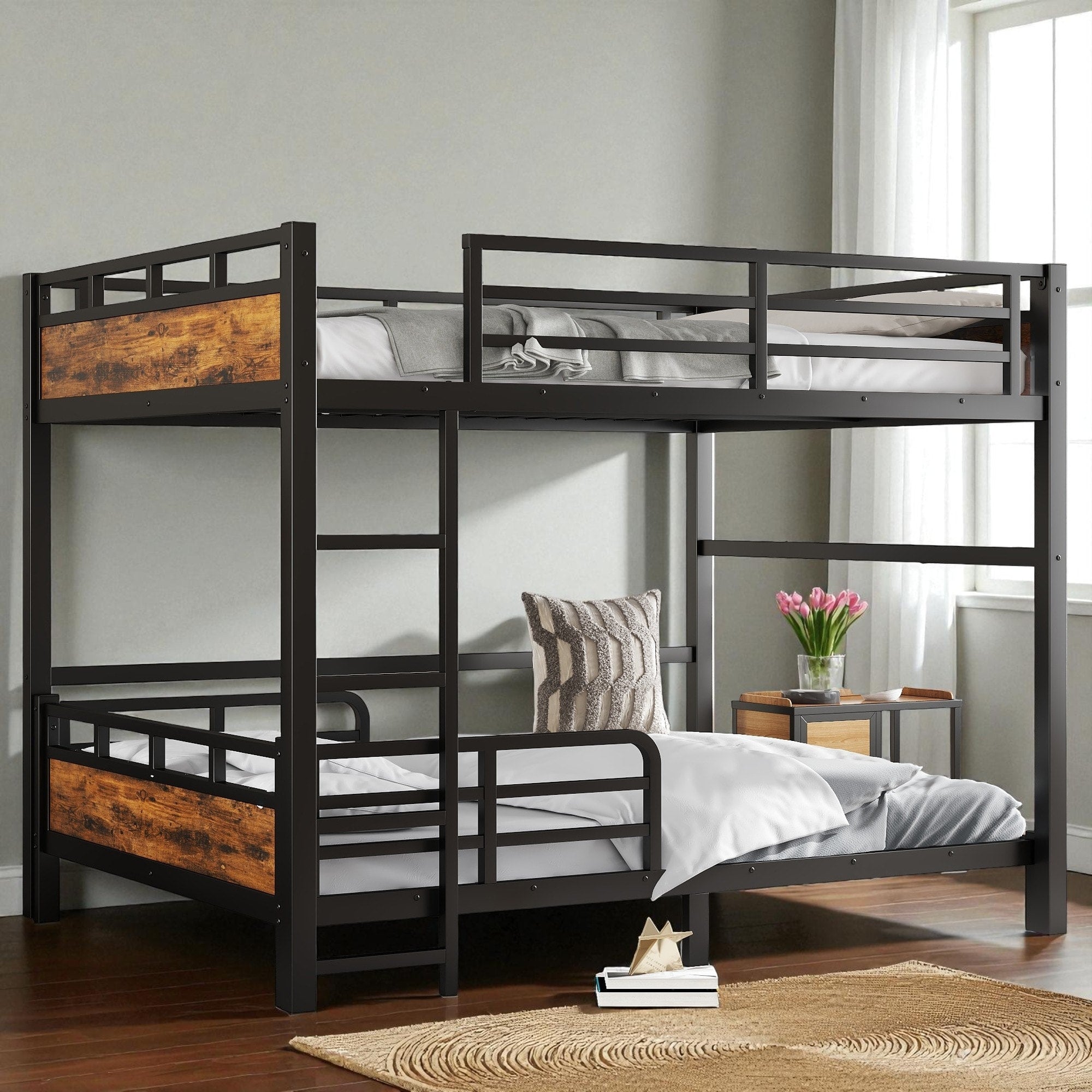 Queen Over Queen Metal Bunk Bed Frame With Guardrails Convertible Loft And Platform Beds Noise Free Design