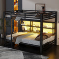 Queen Over Queen Metal Bunk Bed With Led Lights And Storage Cabinets Black
