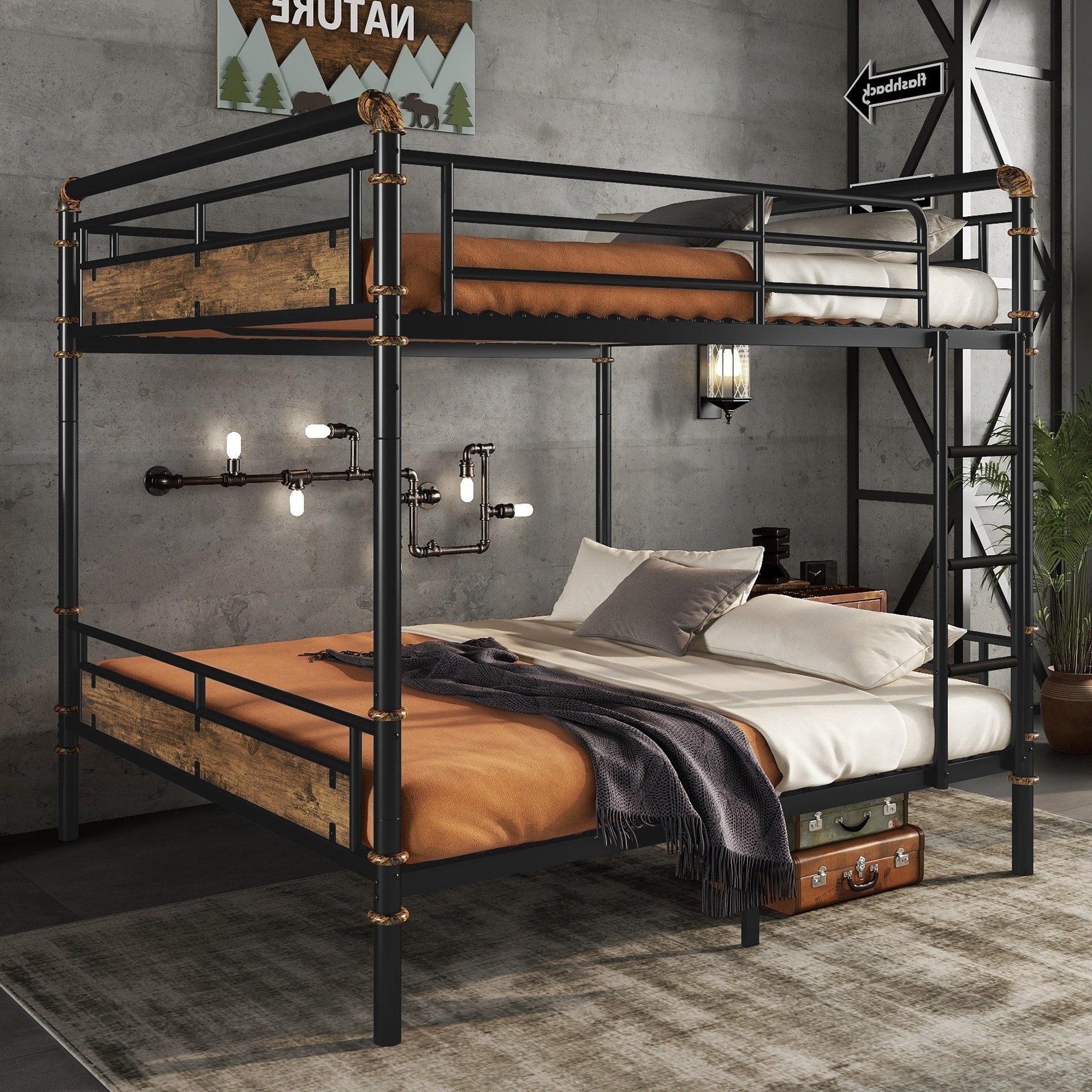 Queen Over Queen Metal Bunk Bed Industrial Detachable Bunkbeds With Safety Guard Rails For Teens Black