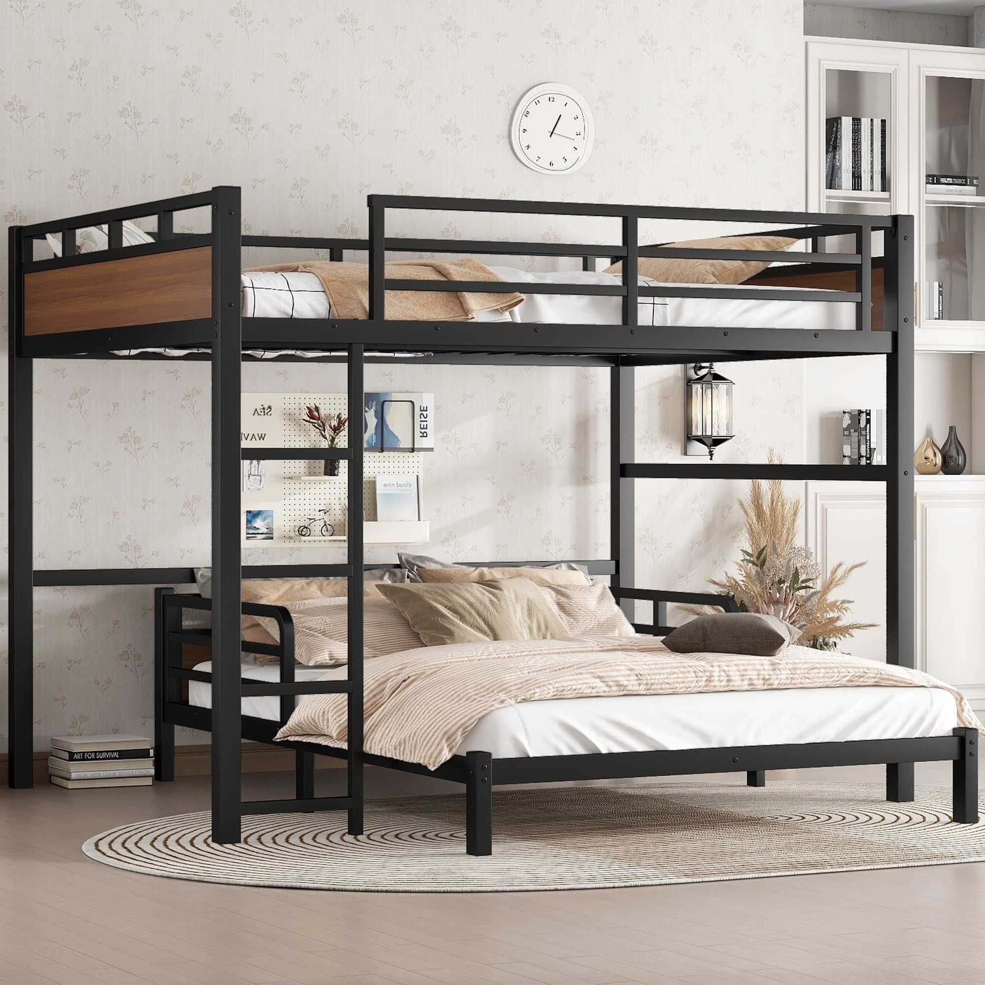 Queen Over Queen Metal Loft Bed Separable Bunk Beds With Raised Security Fence Walnut Color