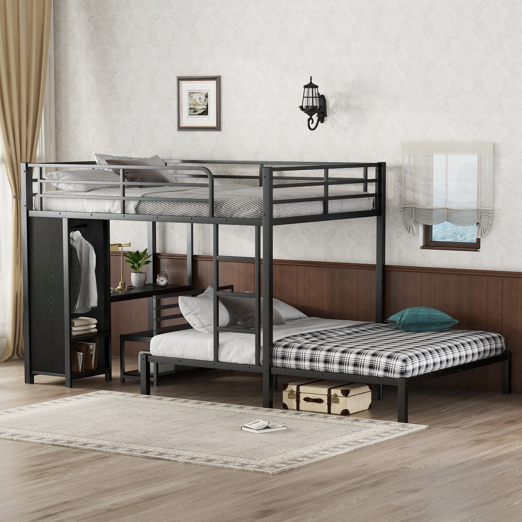 Queen Over Queen Size Bunk Bed Frame With Built In Wardrobe Metal Bunk Bed With Desk And Storage Chairs