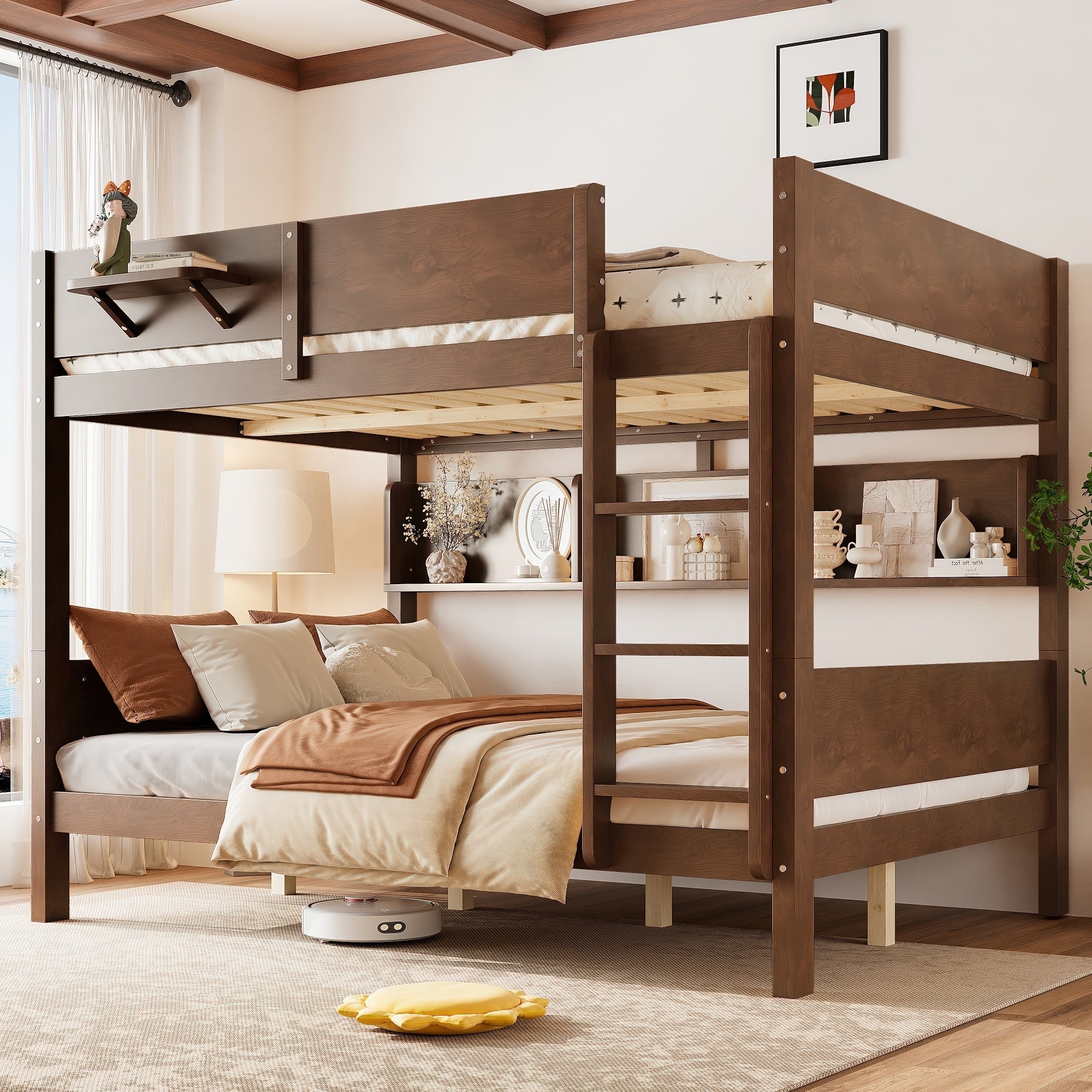 Queen Over Queen Solid Wood Bunk Bed With Convenient Tray Heavy Duty Bunk Bed With Upgraded Support Slats