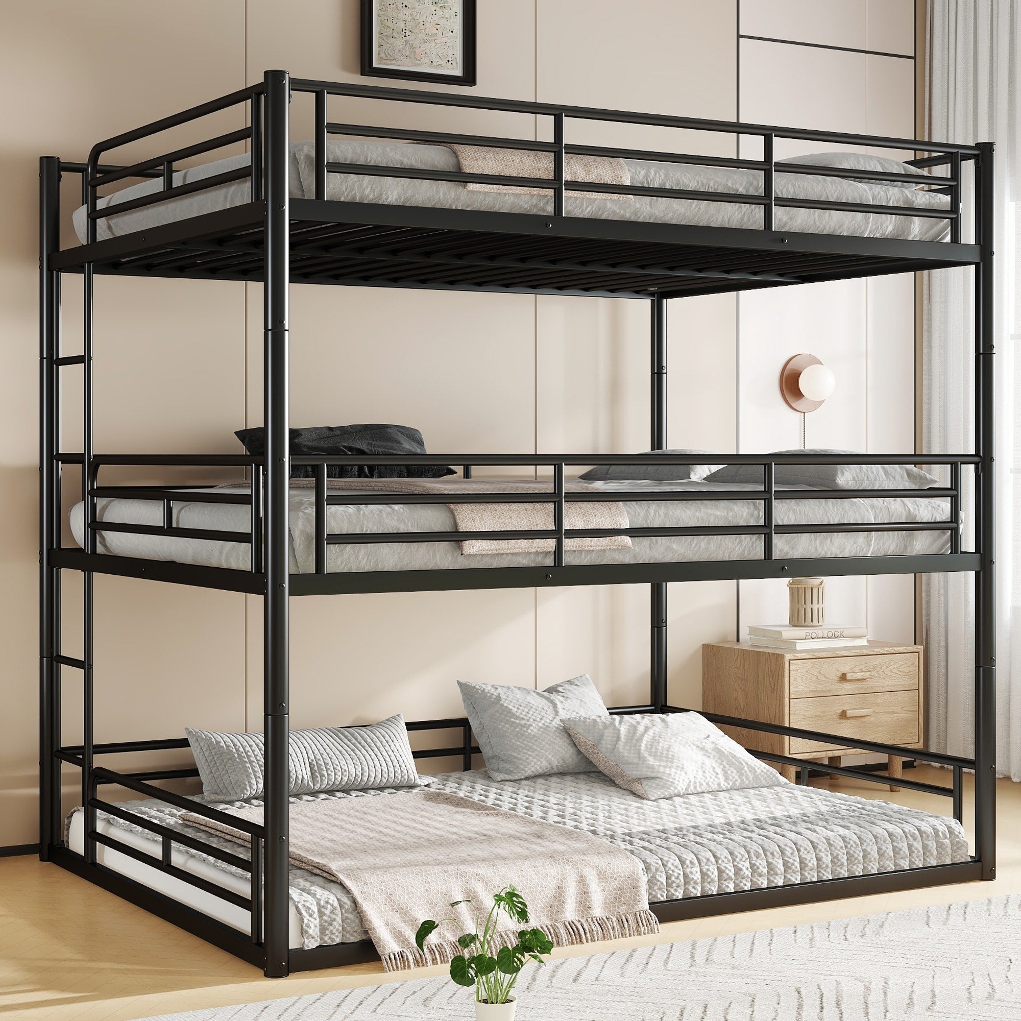 Queen Over Queen Over Queen Bunk Bed Metal Triple Bunk Bed With Safety Guardrails Bunk Bed With Noise Reduced Design