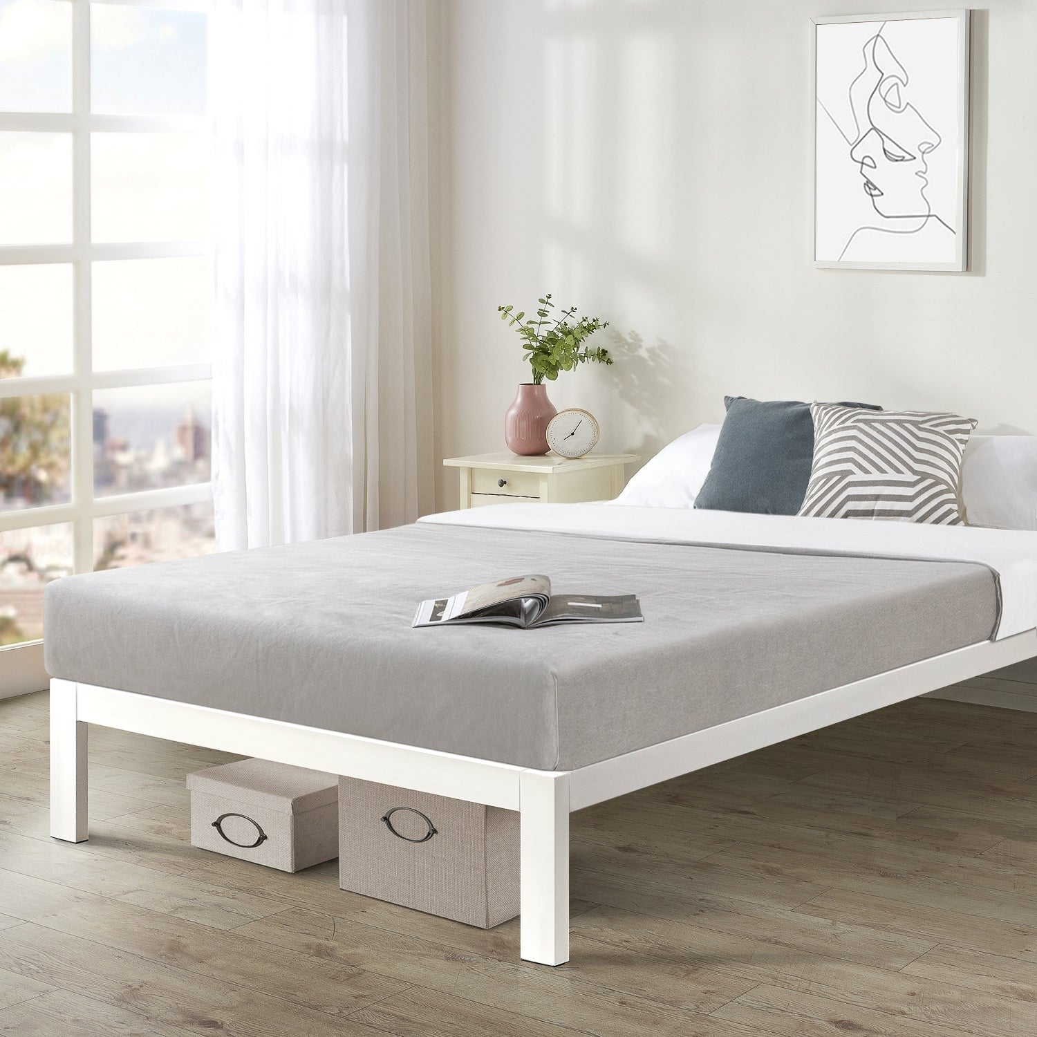 Queen Size Bed Frame Heavy Duty Steel Slats Platform Series Titan C White