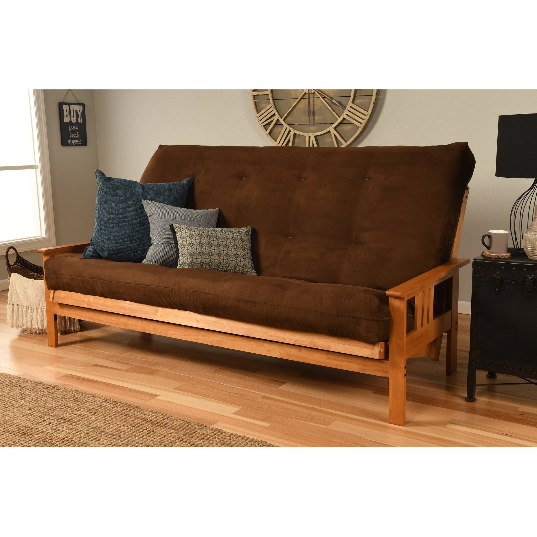 Queen Size Futon With Butternut Finish And Suede Mattress