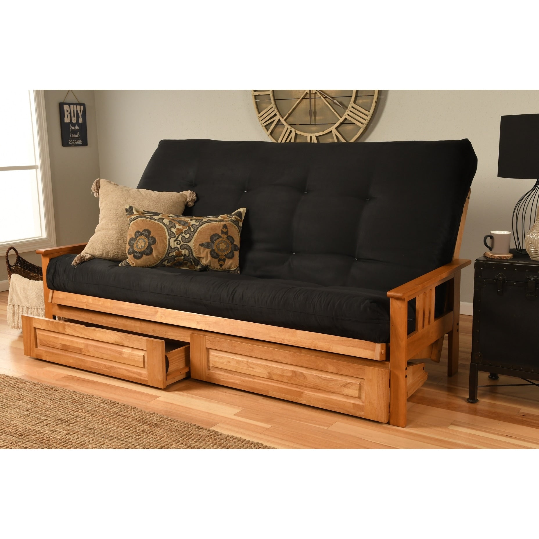 Queen Size Futon With Butternut Finish Storage Drawers And Suede Mattress