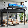 Queen Size Loft Bed Frame With Storage Shelves And Pegboard Metal Loft Bed With Usb Ports And Led Lights Safe And Sturdy