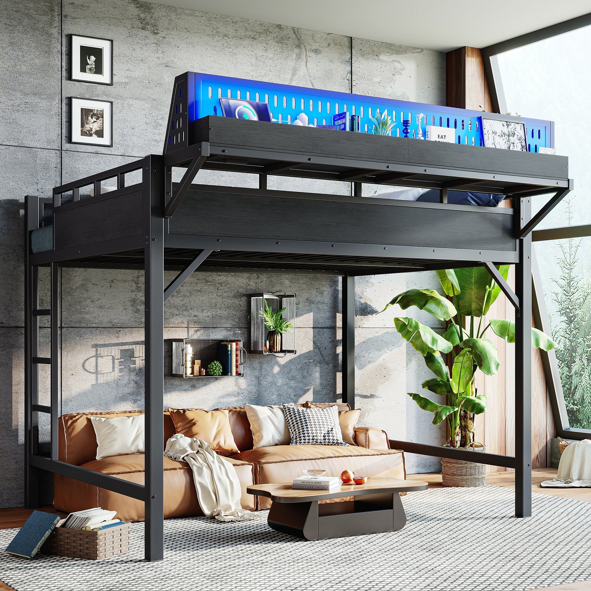 Queen Size Loft Bed Frame With Storage Shelves And Pegboard Metal Loft Bed With Usb Ports And Led Lights Safe And Sturdy