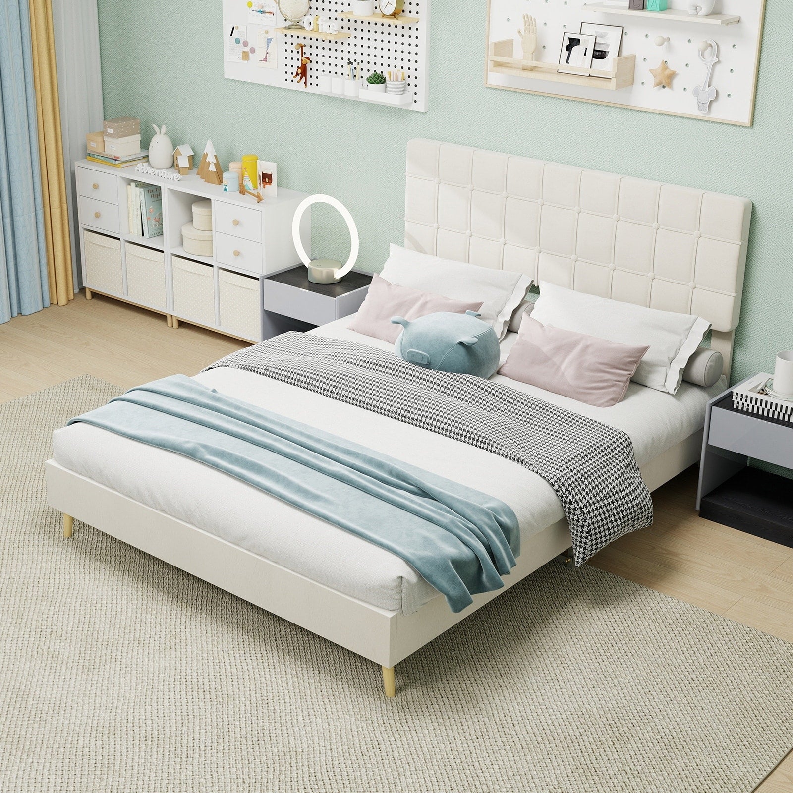 Queen Size Platform Bed With Soft Pack Headboard Solid Wood Bed Foot Design