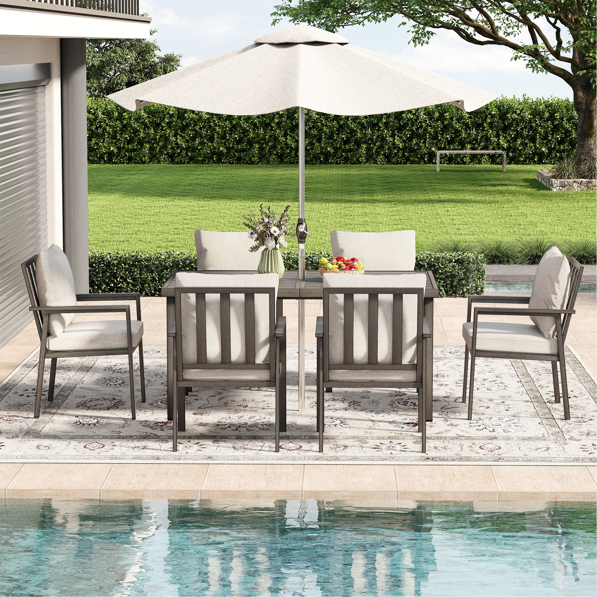 Quietude 7 Piece Gray Aluminum Patio Dining Set With Rectangular Table And Light Gray Cushions