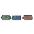 Quilted Cotton Slub Printed Zip Pouch With Pattern Interior Lining Wood Bead And Tassel 9.0 L X 4.5 W X 4.5 H