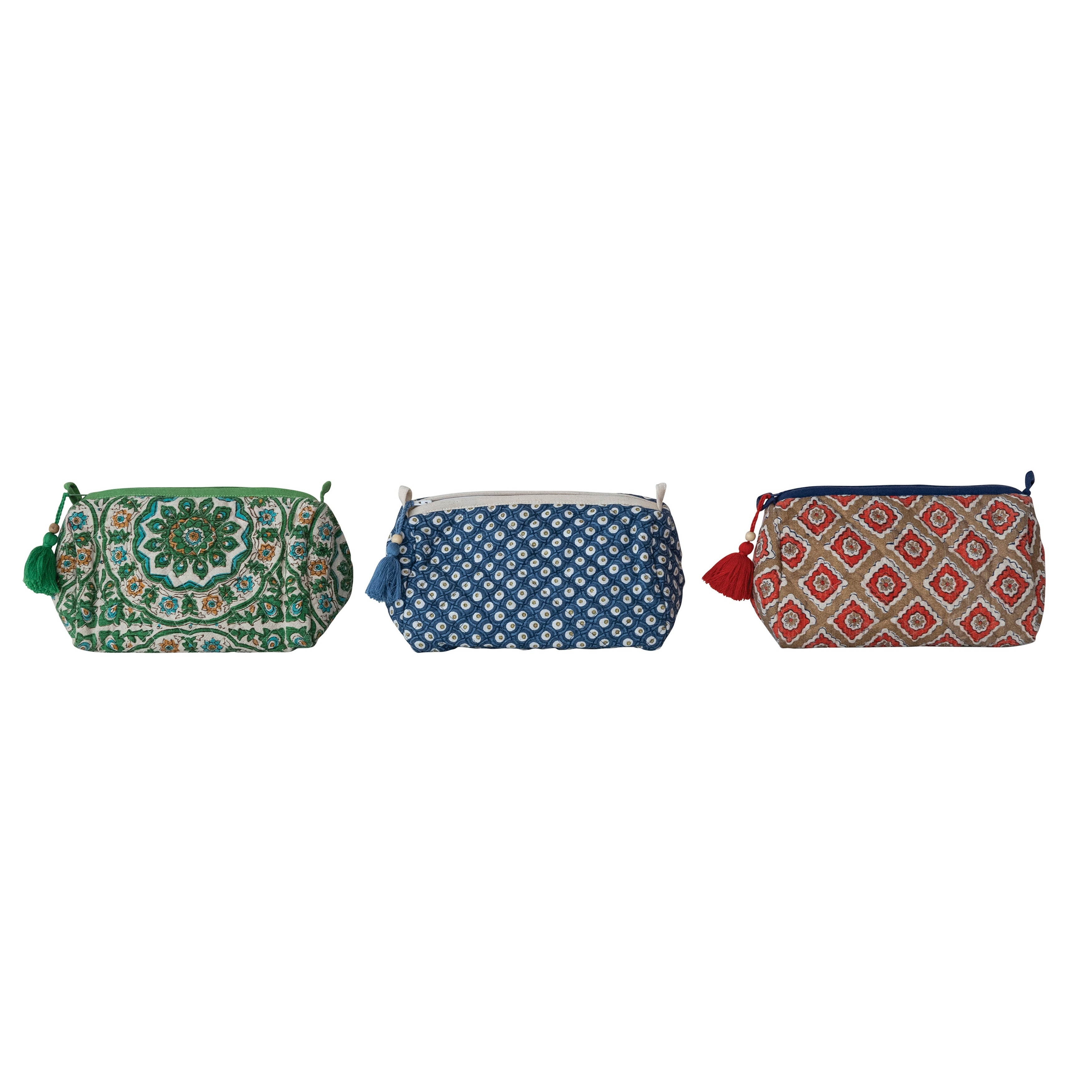 Quilted Cotton Slub Printed Zip Pouch With Pattern Interior Lining Wood Bead And Tassel 9.0 L X 4.5 W X 4.5 H