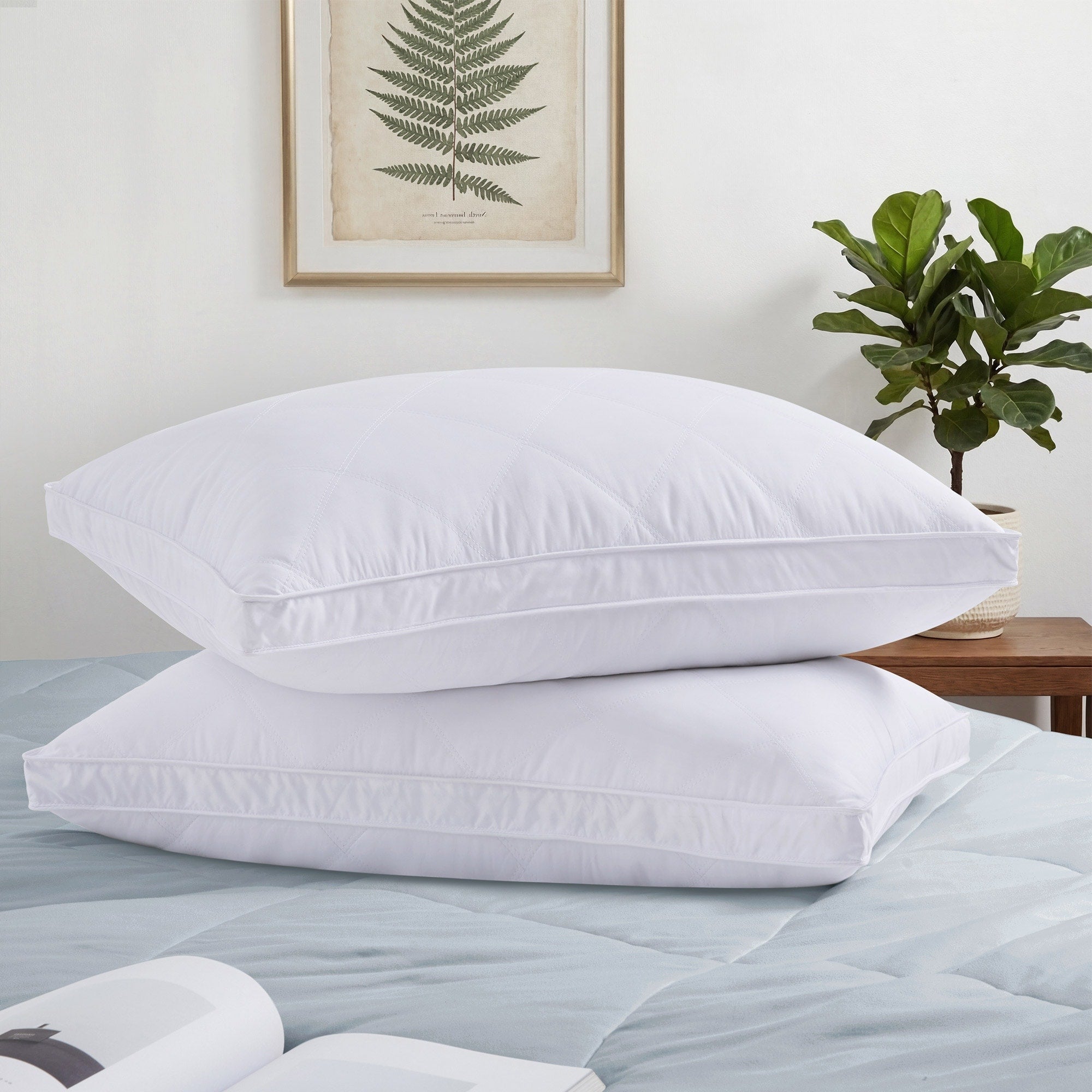 Quilted Goose Feather Pillows Set Of 2 Medium Firm Bed Pillows