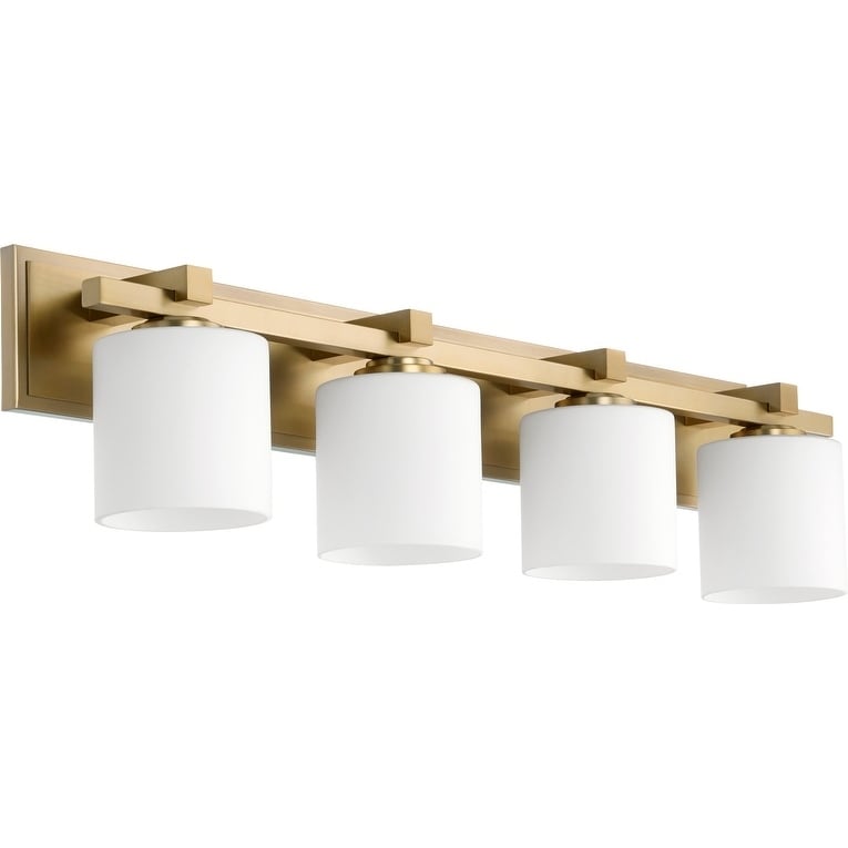 Quorum International Satin Opal Short Cylinder Glass Vanity Or Sconce Family 4 Light. Aged Brass