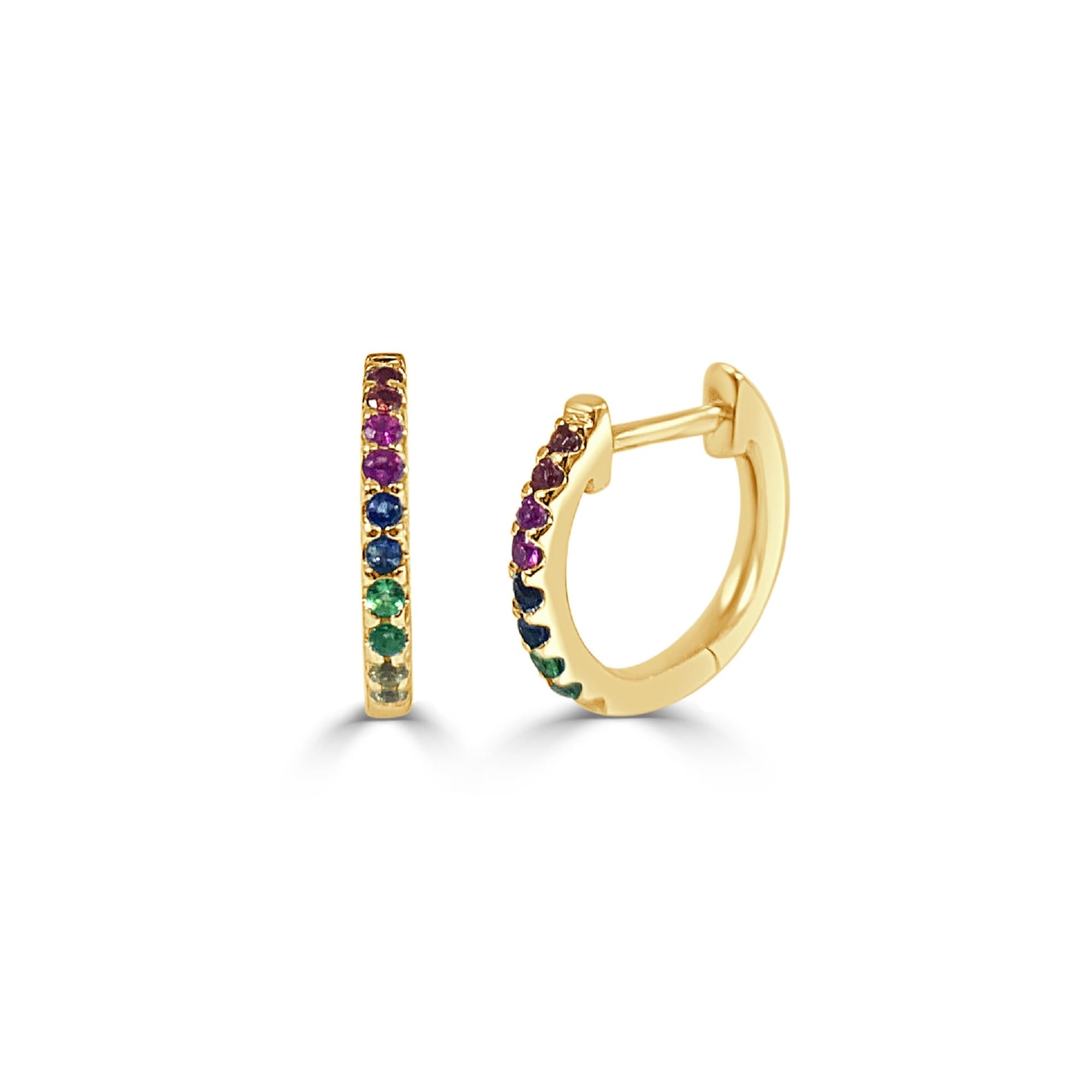 14K Gold Rainbow Sapphire Small Huggy Hoop Earrings