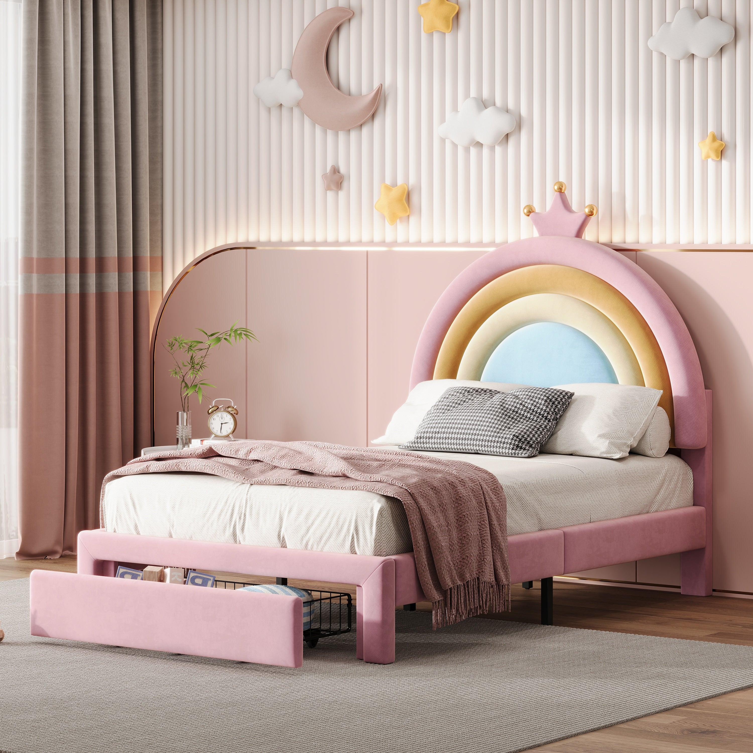 Rainbow Velvet Platform Bed With Storage Drawer No Box Spring Needed