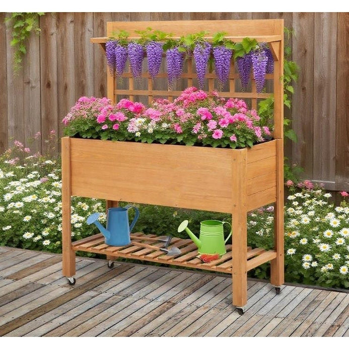 Raised Garden Bed Planter Box With Wheels Trellis And Storage Shelve