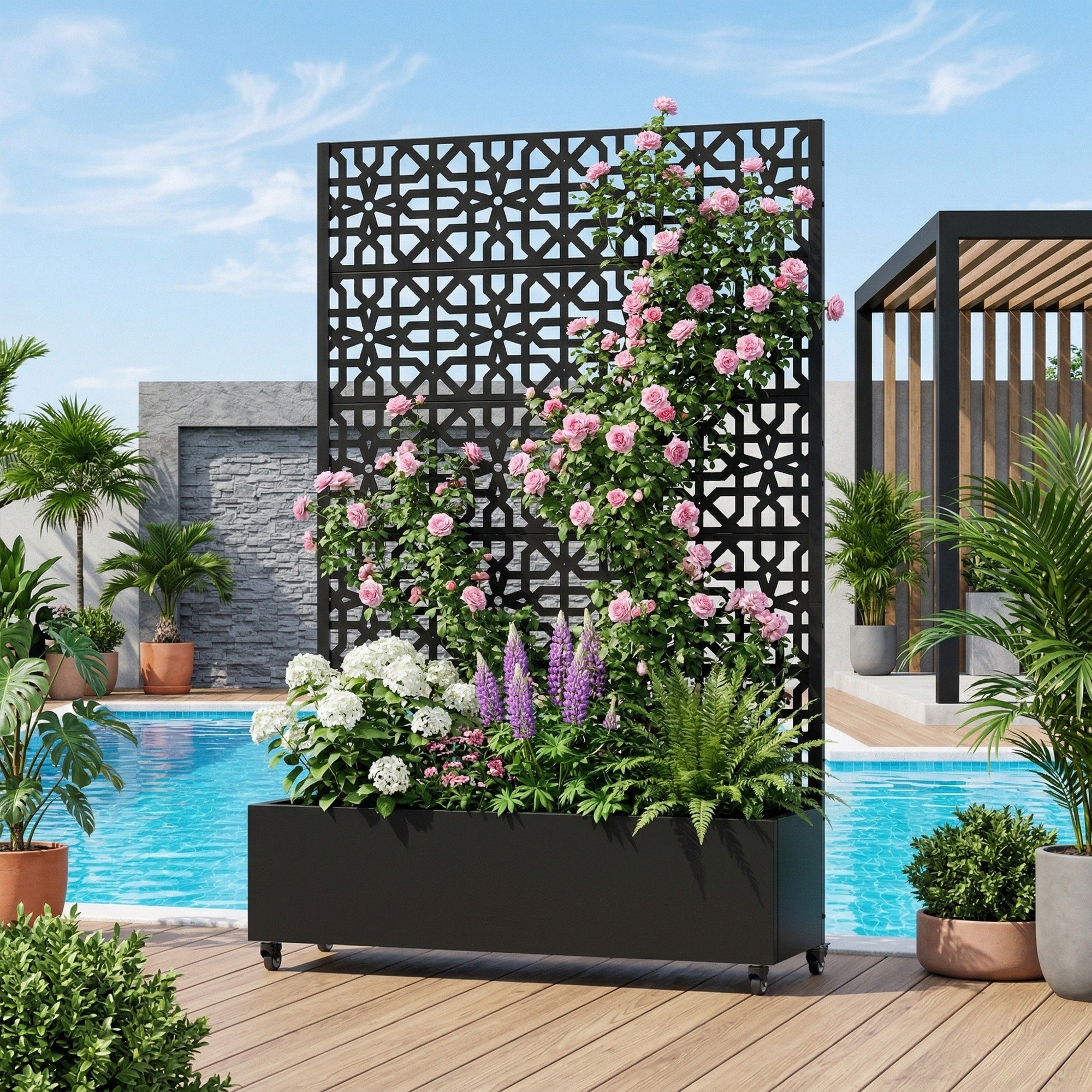 Raised Garden Bed Planter With Trellis Movable Planter Box With Lockable Wheels