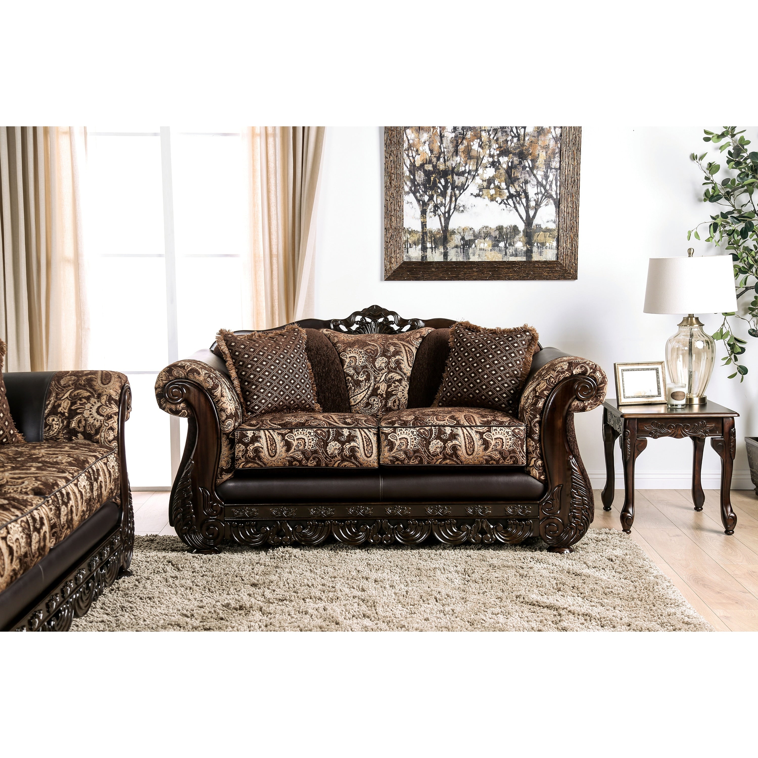 Furniture Of America Raphael Brown Chenille Fabric And Wood Paisley Traditional Loveseat