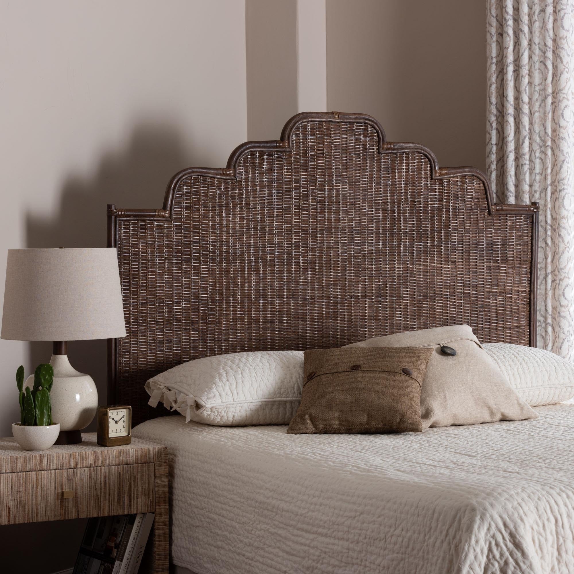 Raphaela Natural Rattan Standalone Headboard Handwoven Wicker Panel Headboard With Stepped Detailing