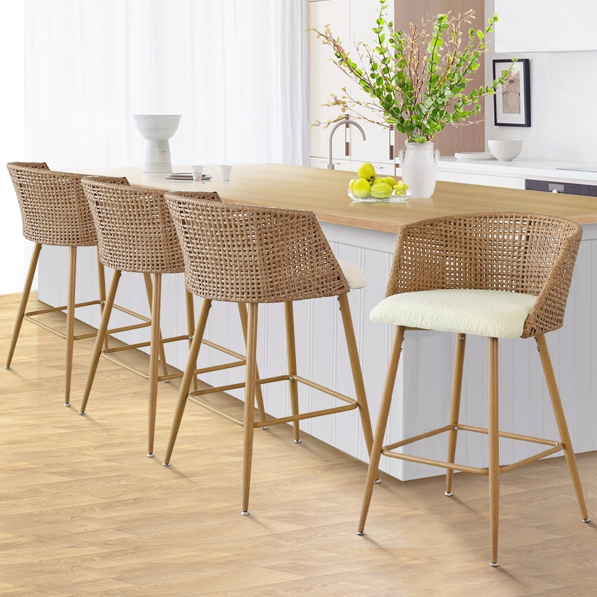 Rattan 27 Upholstered Boucle Full Back Arm Counter Stool Set Of 4