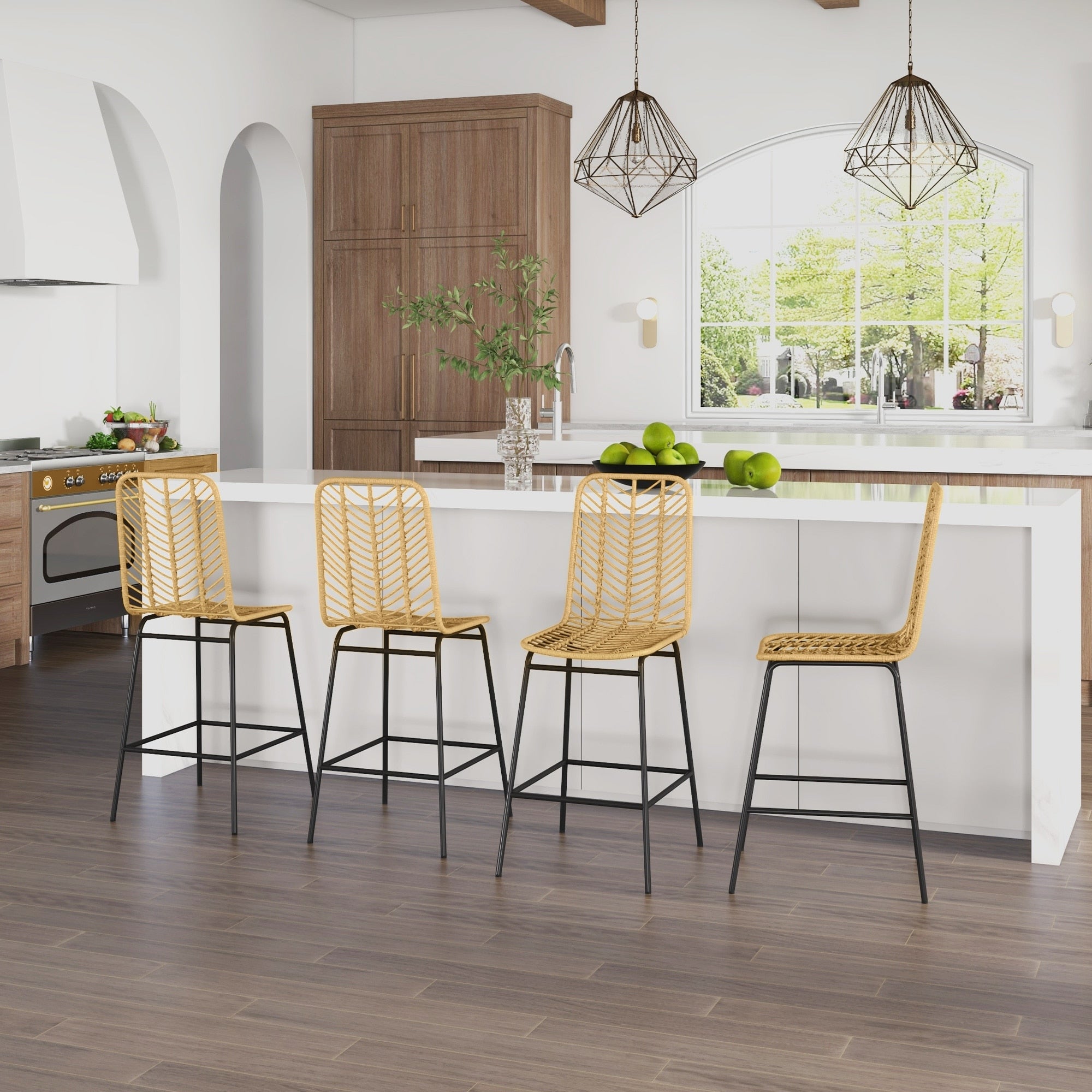 Rattan Bar Stools Kitchen Island Stools Breakfast Bar Stools Set Of 4 With Breathable Wicker Seat And Back