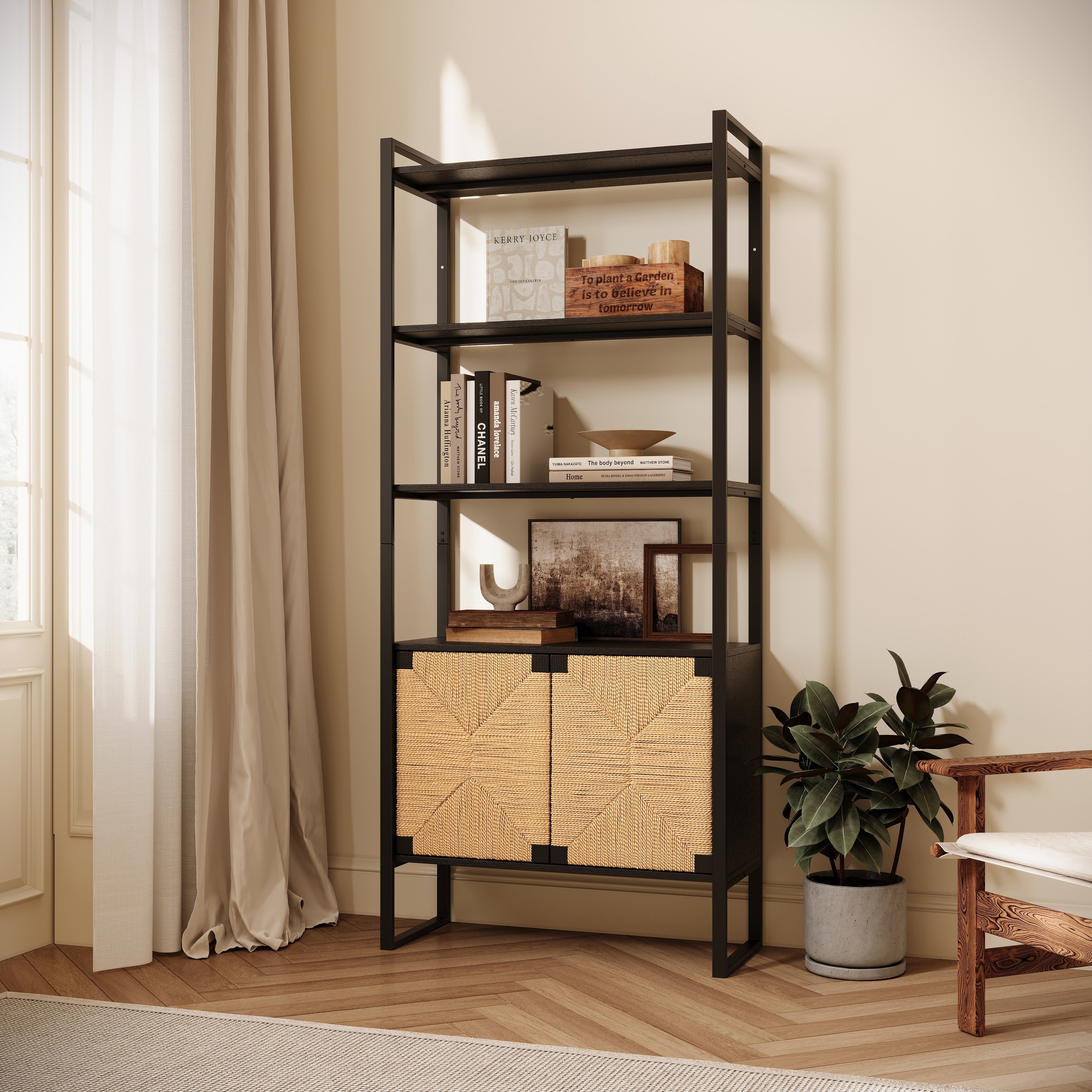 Rattan Cabinet Door Storage Bookshelf Dual Function Open Display Shelf With Closed Cabinet For Living Room Entryway Bedroom