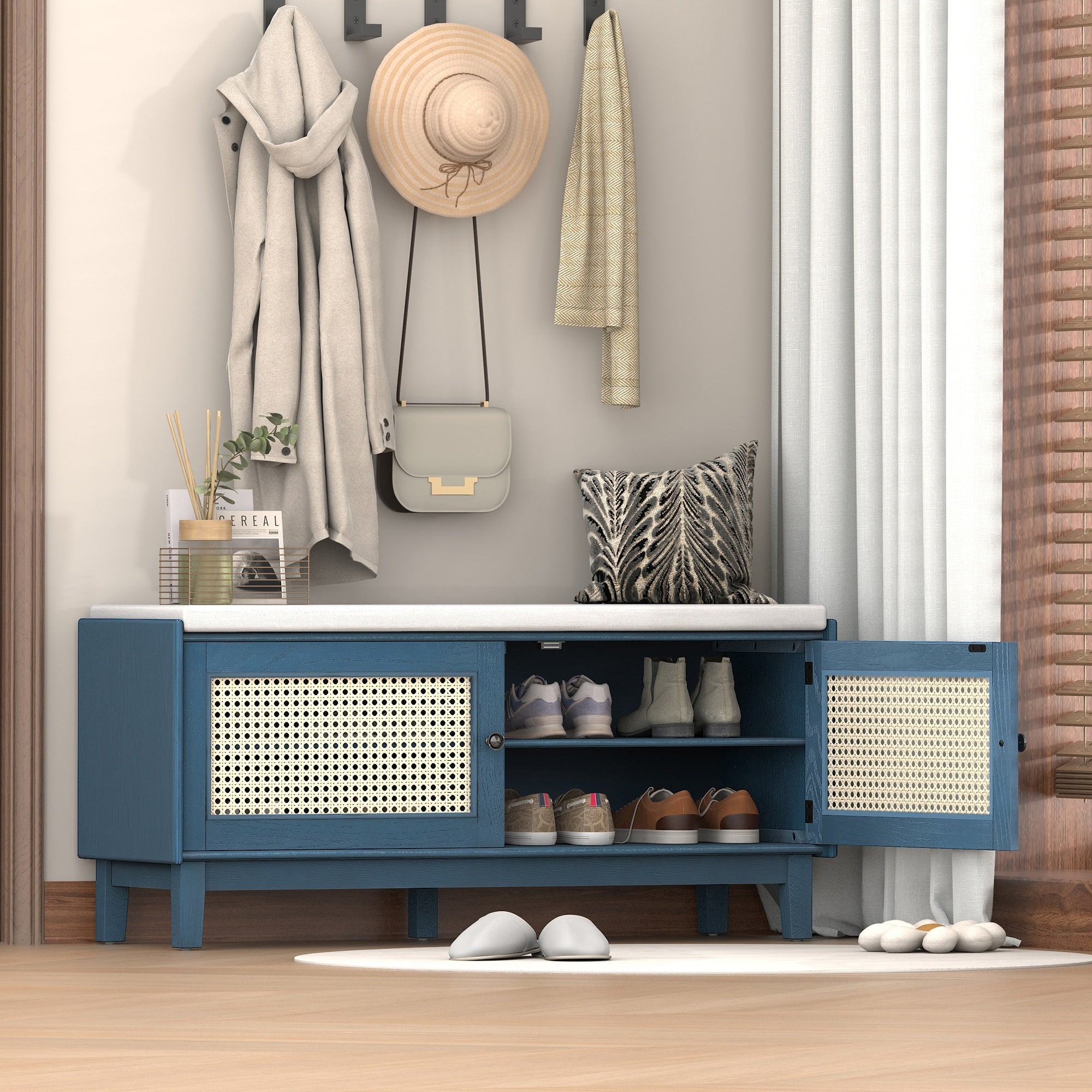 Rattan Entryway Bench Shoe Bench With Storage Indoor Bench Lounge Bench Ottoman Antique Navy Beige Window Bench