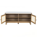 Rattan Entryway Bench With Storage Cushioned Shoe Bench With Double Doors