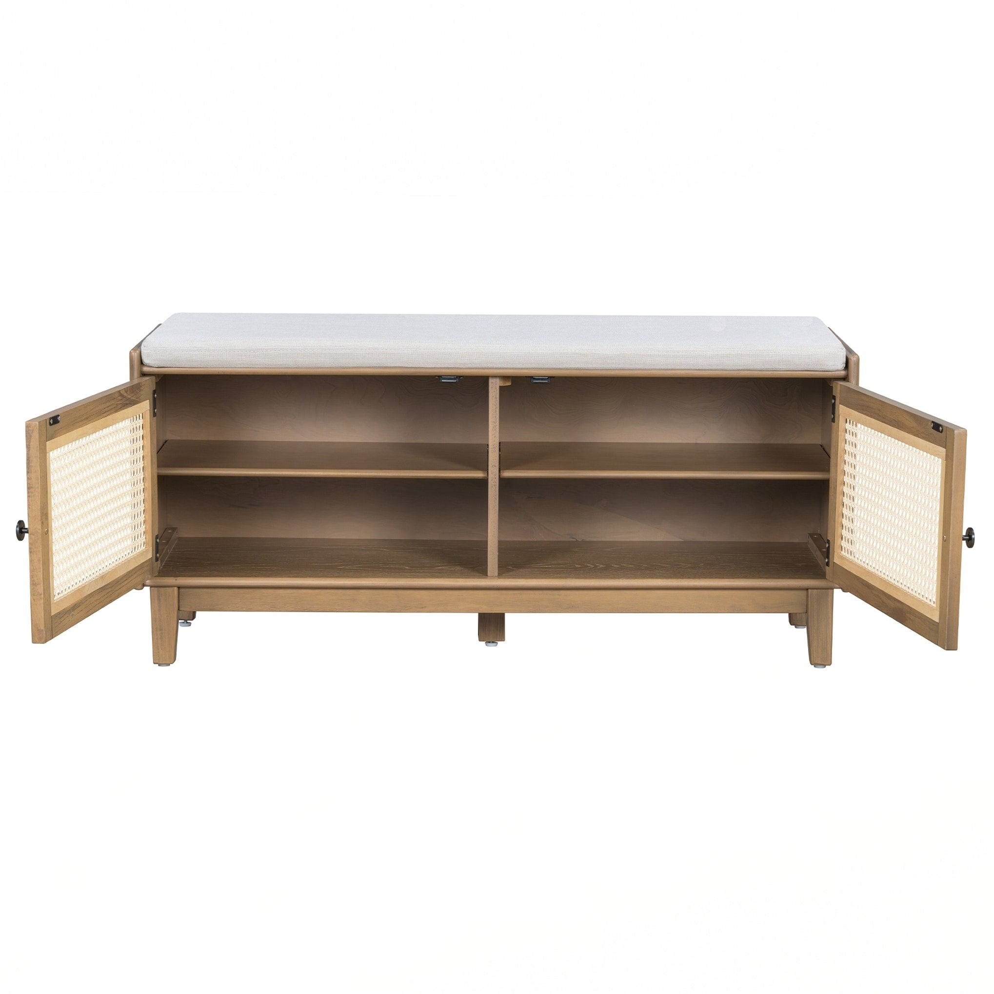 Rattan Entryway Bench With Storage Cushioned Shoe Bench With Double Doors
