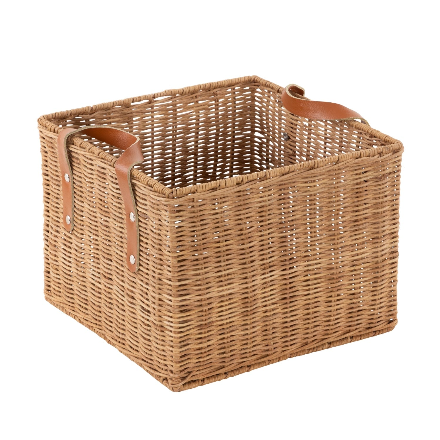 Rattan Handmade Woven Storage Basket With Leather Handles Brown Roche River Decor