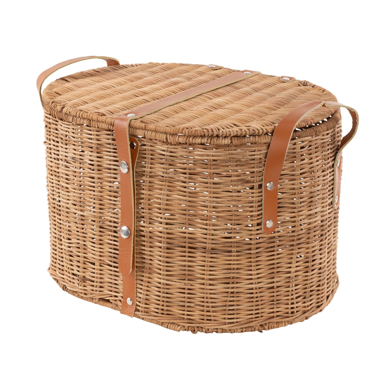Rattan Handmade Woven Storage Basket With Lid And Leather Handles Brown Roche River Decor