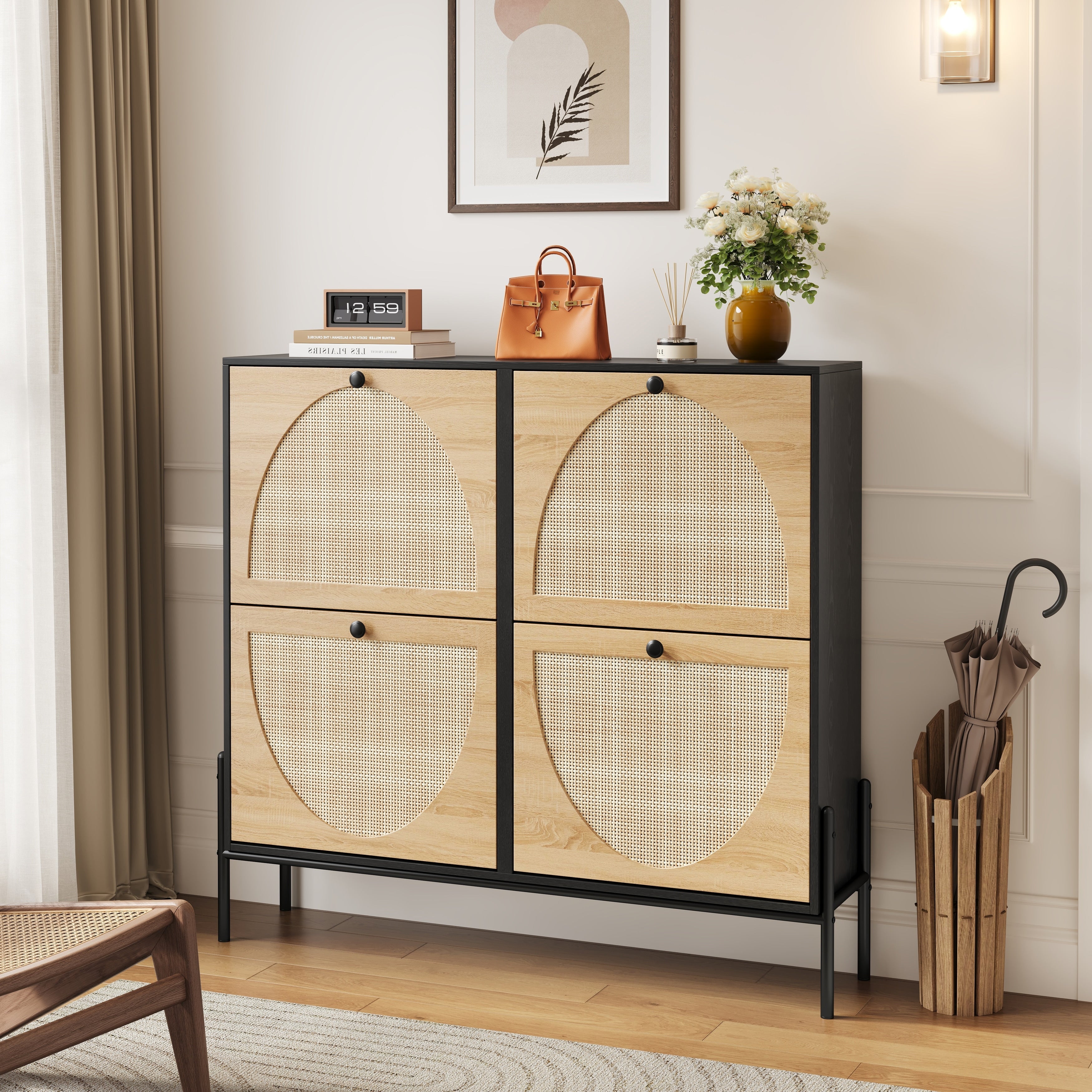 Rattan Shoe Cabinet Storage Cabinet With 4 Flip Down Doors Entryway Cabinet Side Cabinet Hallway Cabinet
