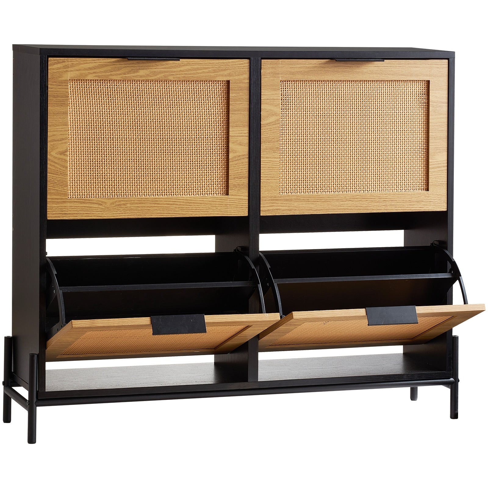 Rattan Shoe Cabinet Narrow Shoe Storage Organizer With 4 Flip Drawers Slim Shoe Entryway Storage Cabinet With Metal Legs