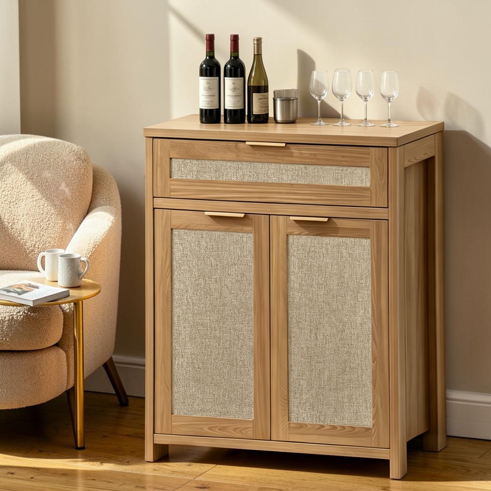 Rattan Sideboard Buffet Cabinet With Adjustable Shelves And Drawer Farmhouse Boho Storage Cabinet