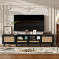 Rattan Tv Stand For Tvs Up To 85 Inch With Storage Cabinets And Solid Wood Legs