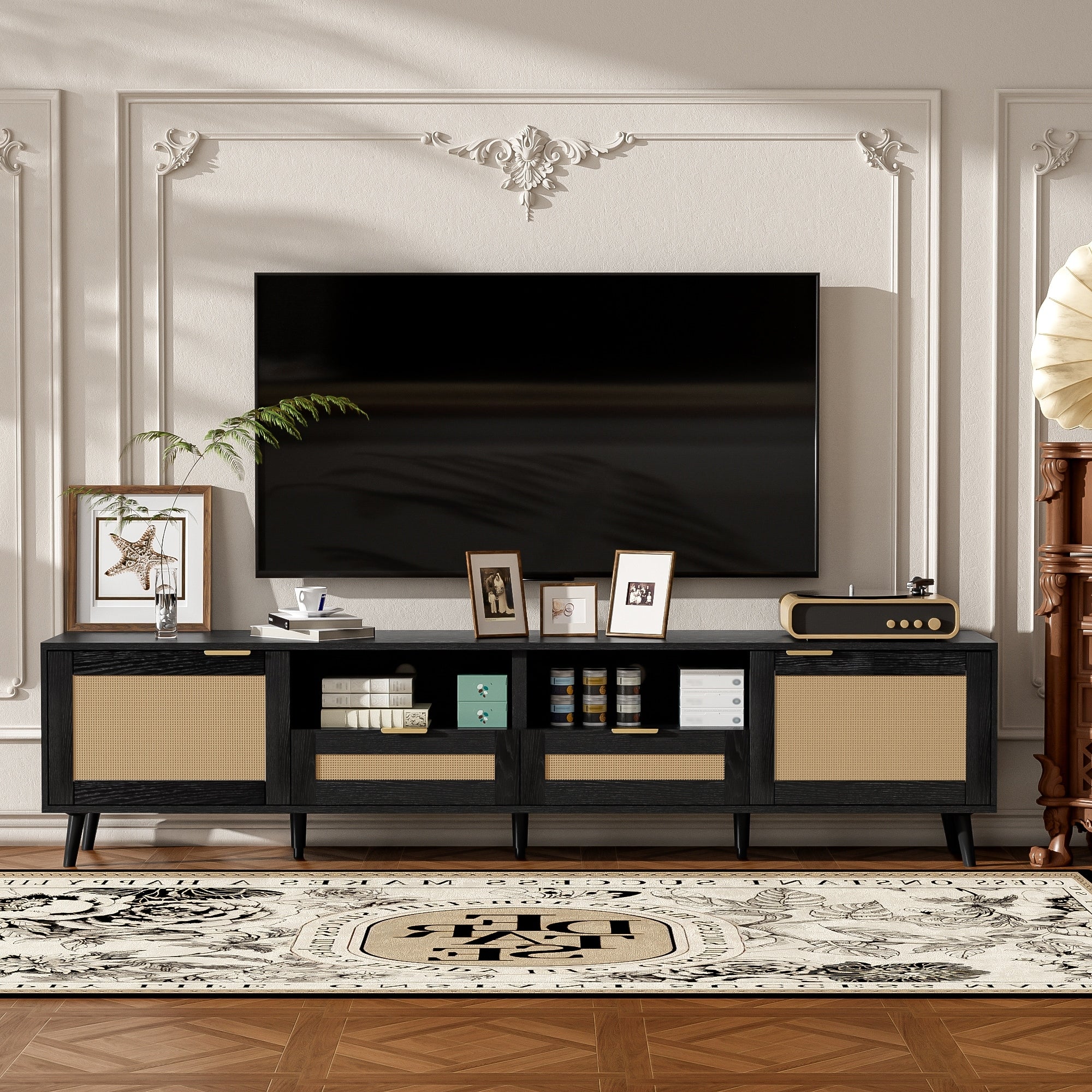 Rattan Tv Stand For Tvs Up To 85 Inch With Storage Cabinets And Solid Wood Legs